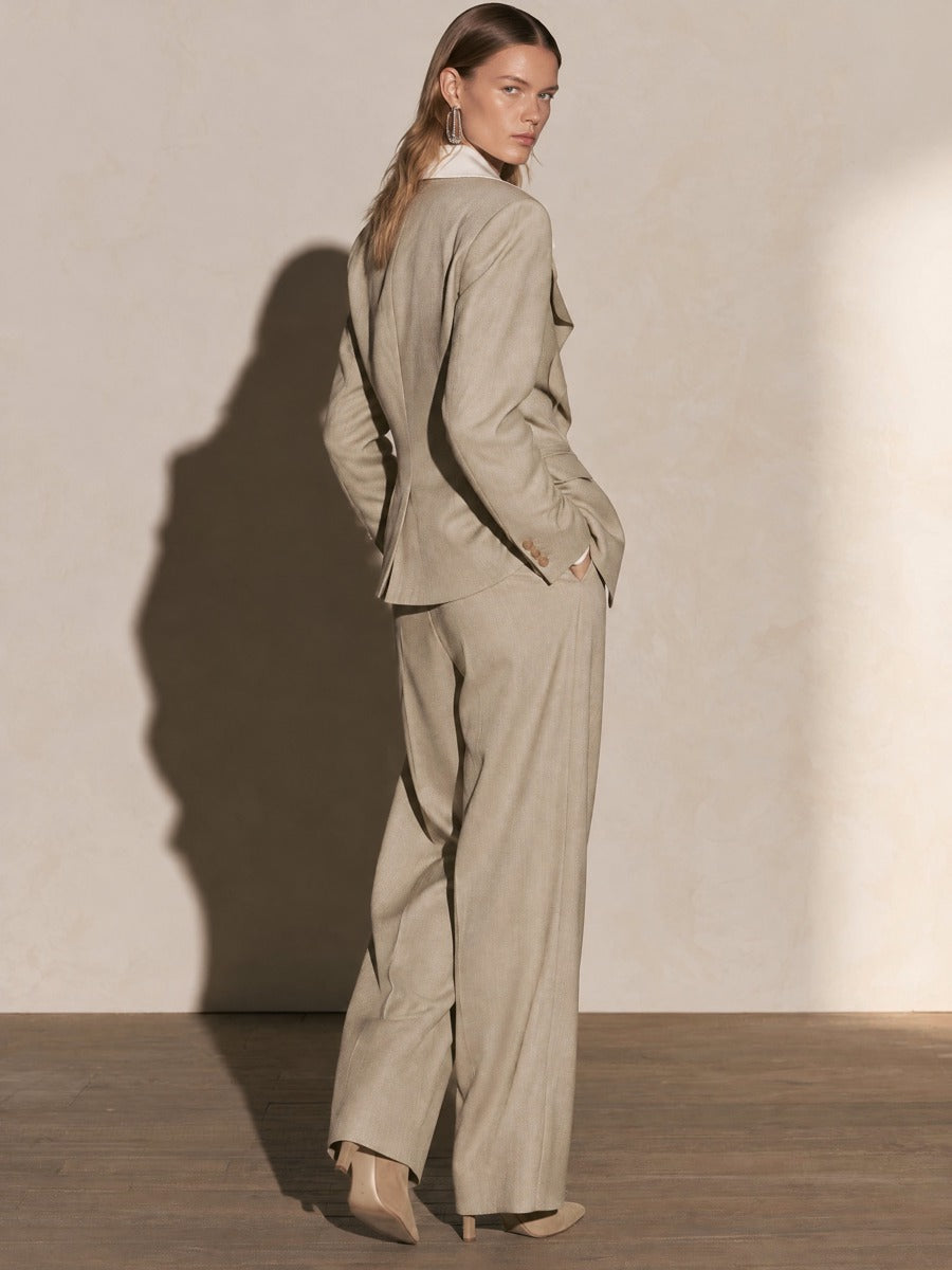 Oat Ruffle Trim Fitted Blazer & Wide Leg Pants Set