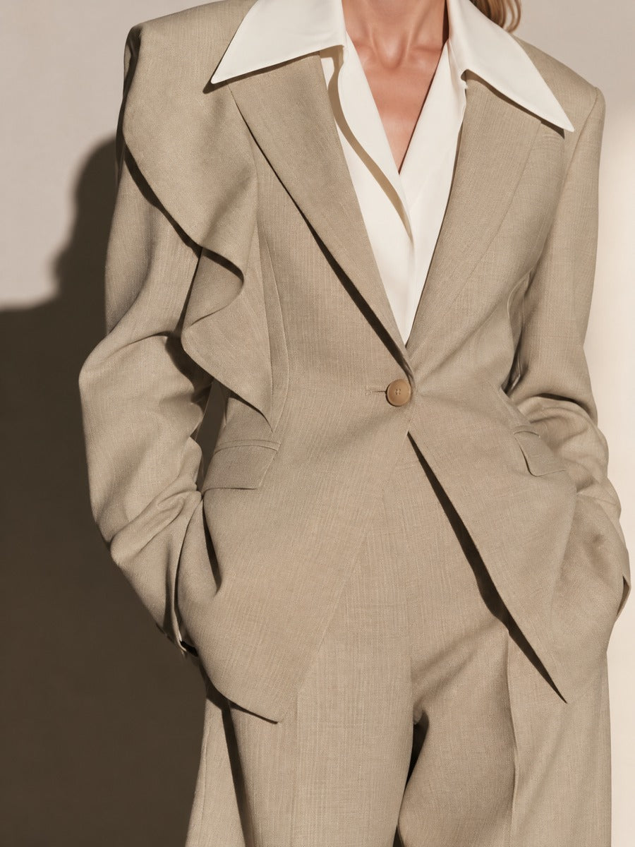 Oat Ruffle Trim Fitted Blazer & Wide Leg Pants Set