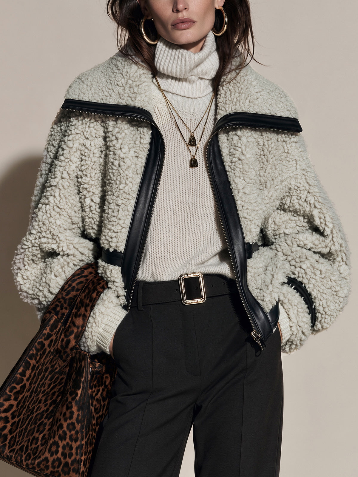 Cropped Teddy Fleece Zip Black Faux Leather Trim Jacket Coat