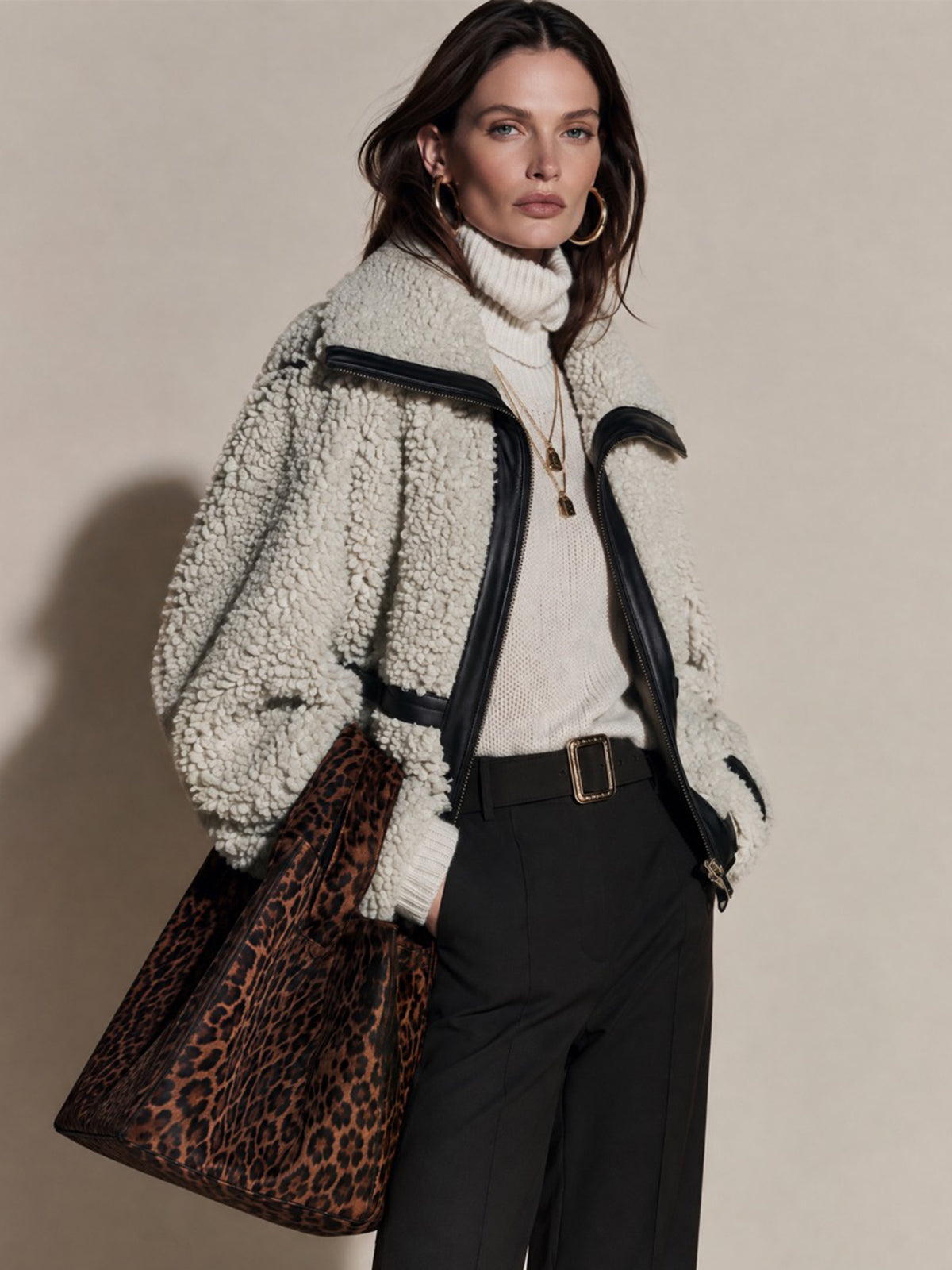 Cropped Teddy Fleece Zip Black Faux Leather Trim Jacket Coat