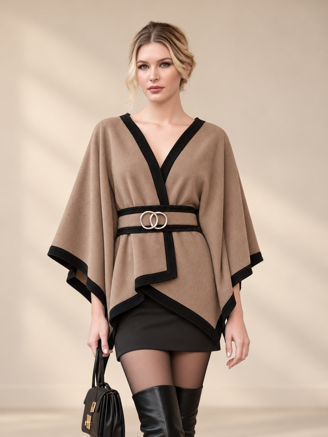 Camel Contrast Trim Wrap Cape Poncho With Double Ring Belt