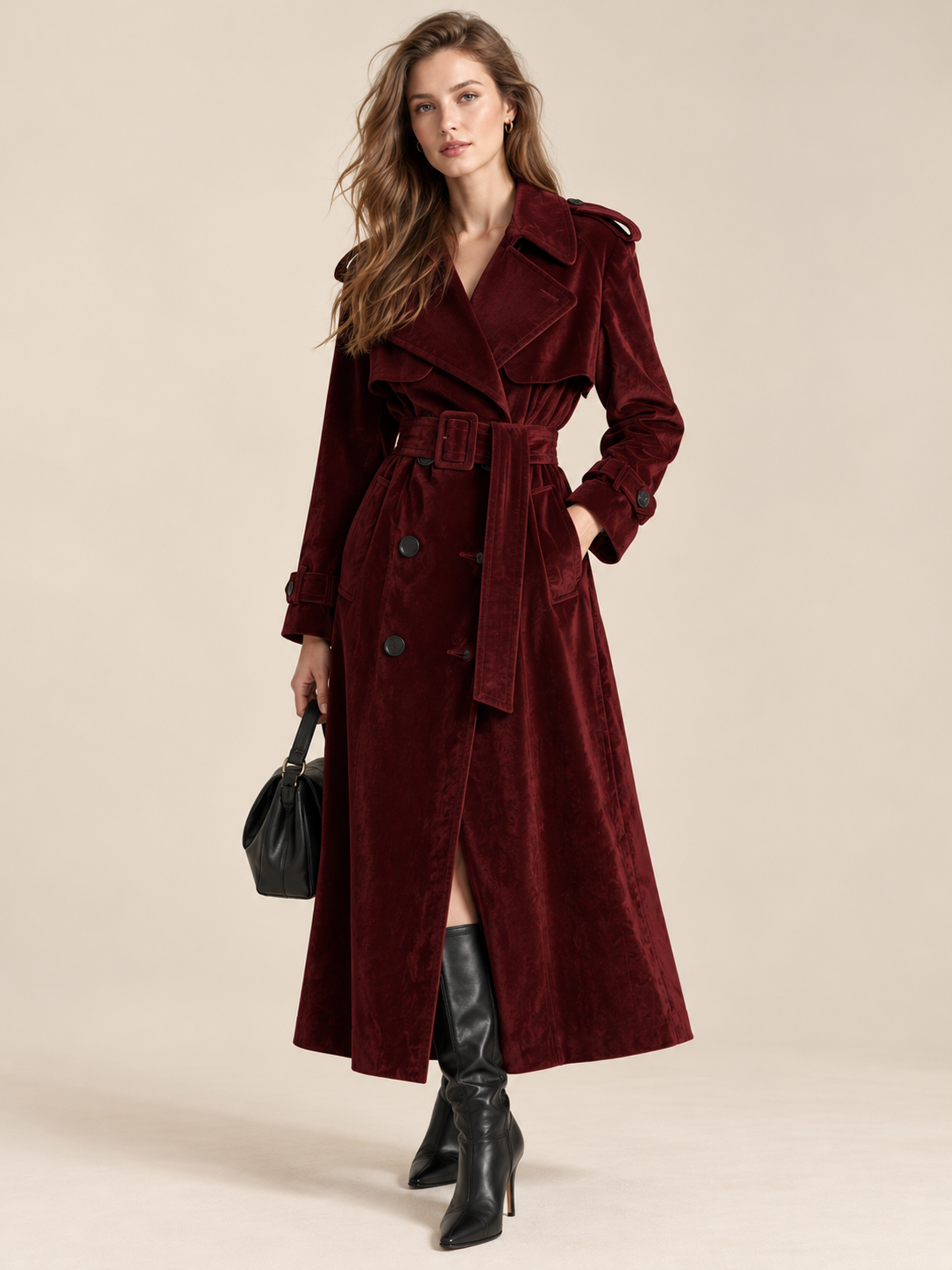 Burgundy Velvet Double-Breasted Belted Trench Coat