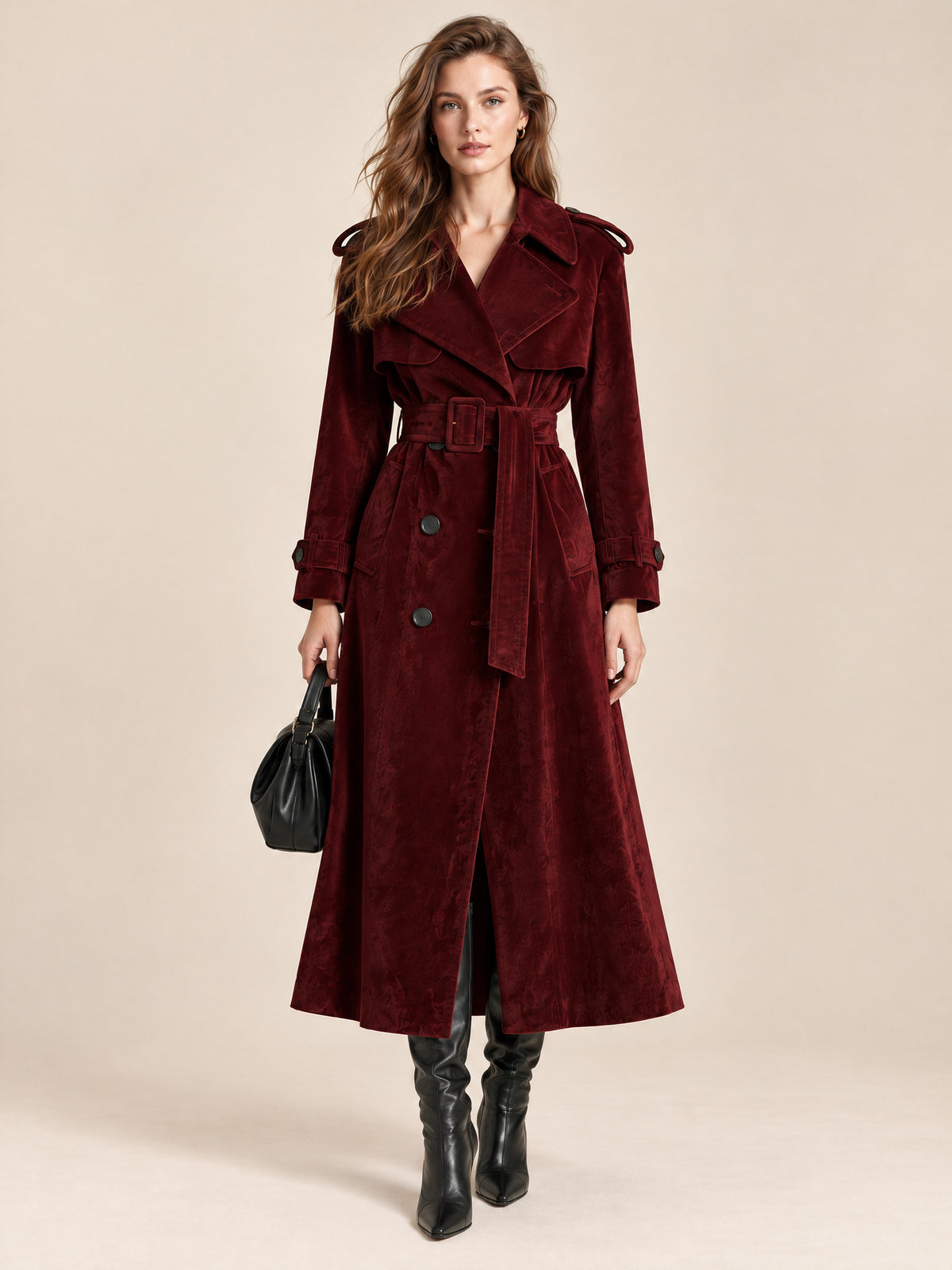 Burgundy Velvet Double-Breasted Belted Trench Coat