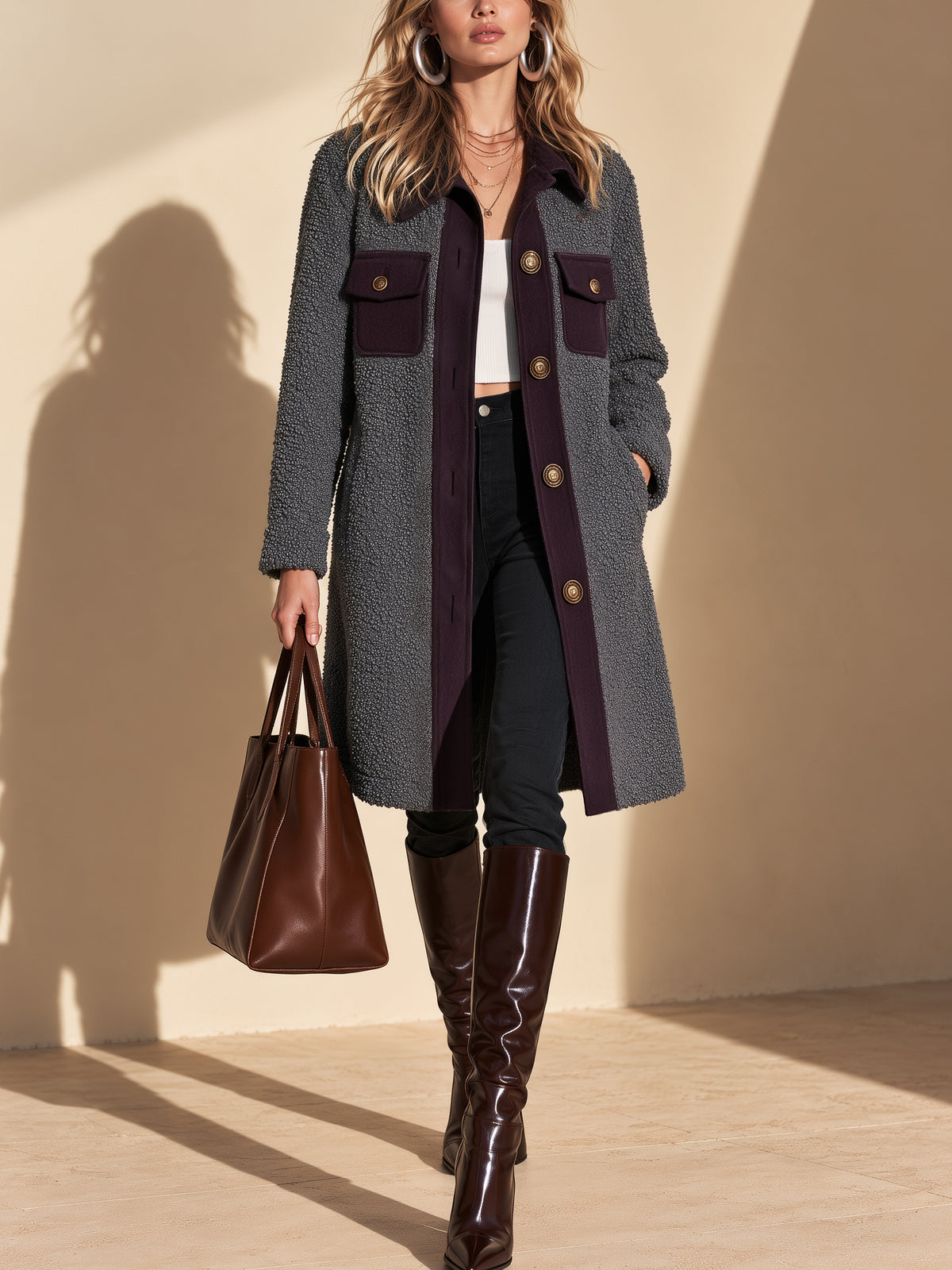 Charcoal Teddy Fleece Plum Contrast Trim Mid-Length Coat