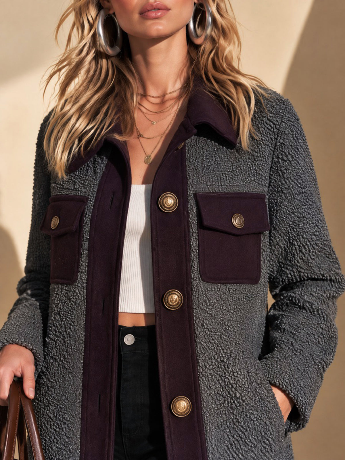 Charcoal Teddy Fleece Plum Contrast Trim Mid-Length Coat