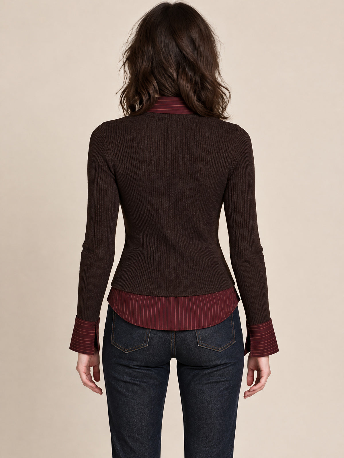 Brown Ribbed Knit Military Top With Mock Two-Piece Striped Shirt Layer
