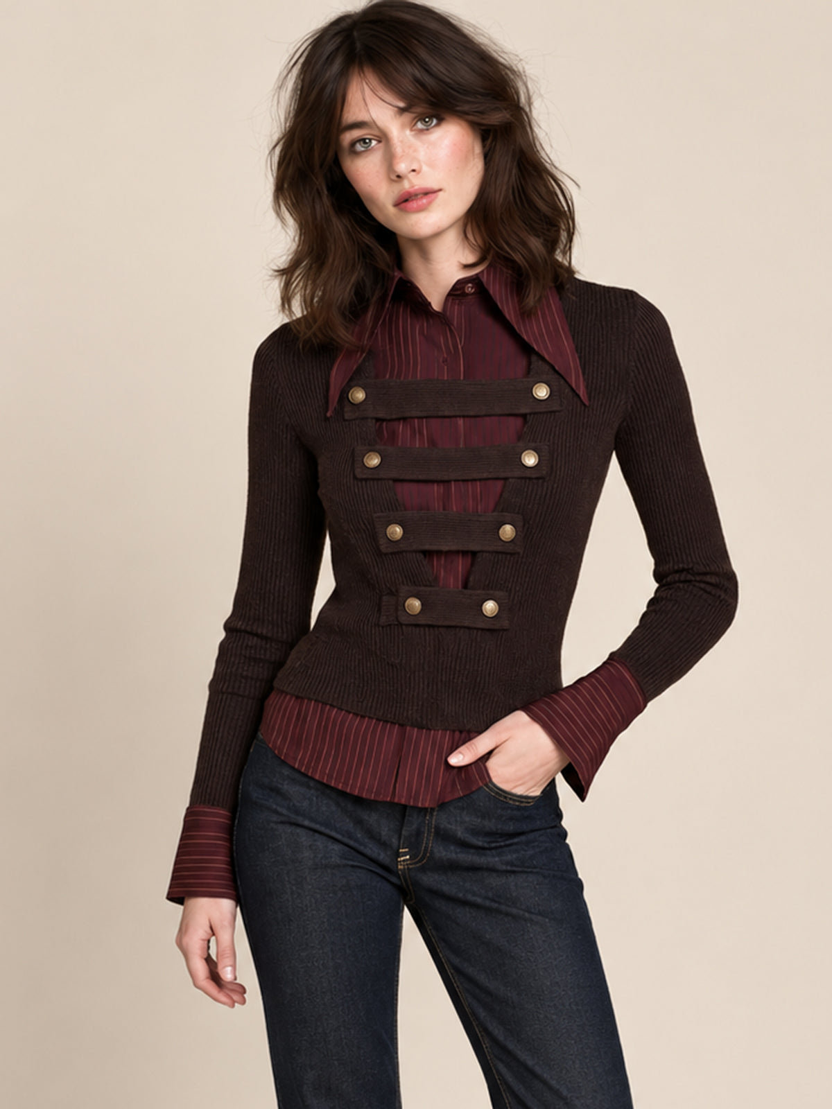 Brown Ribbed Knit Military Top With Mock Two-Piece Striped Shirt Layer