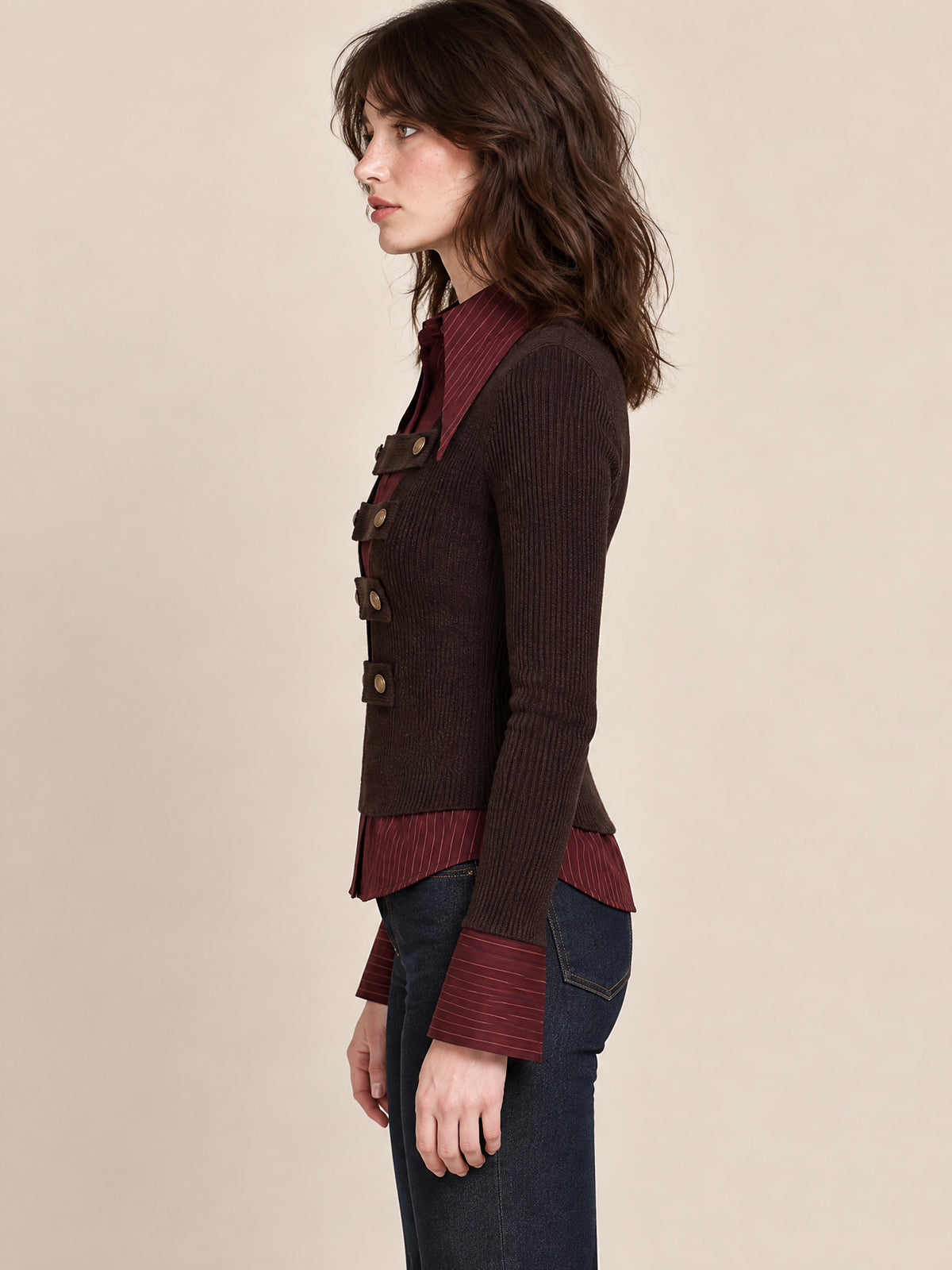 Brown Ribbed Knit Military Top With Mock Two-Piece Striped Shirt Layer
