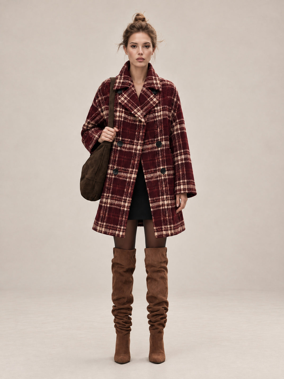 Burgundy Plaid Oversized Double-Breasted Wool-Blend Coat