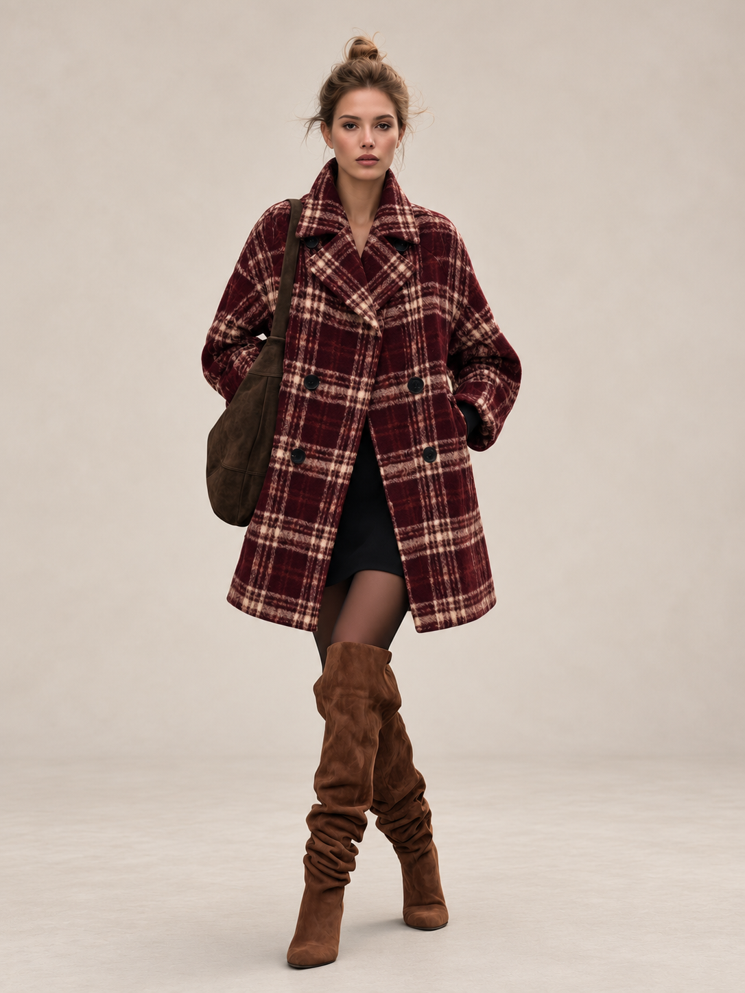 Burgundy Plaid Oversized Double-Breasted Wool-Blend Coat