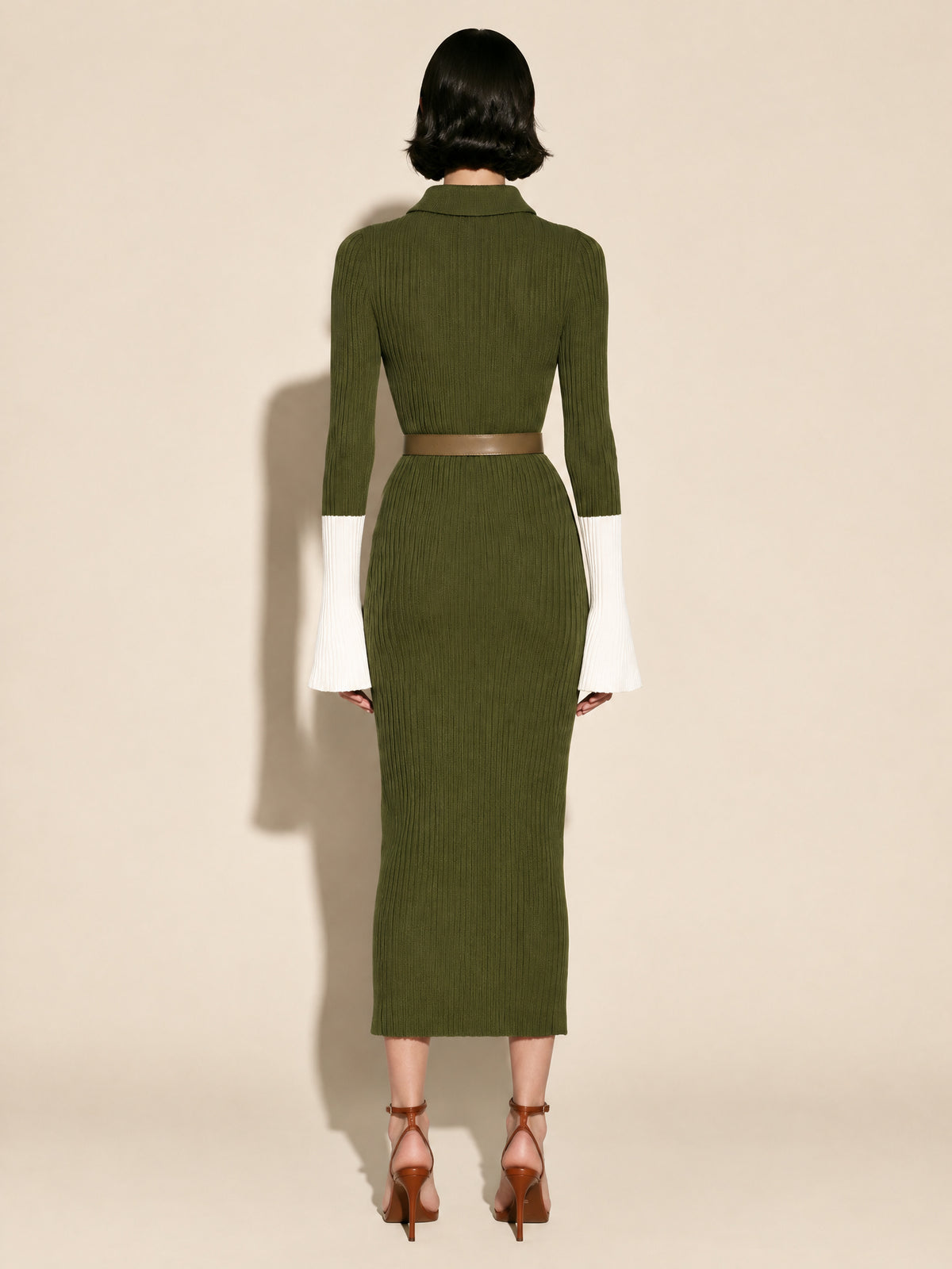 Olive Ribbed Knit Polo Midi Dress With Contrast Ivory Flared Cuffs