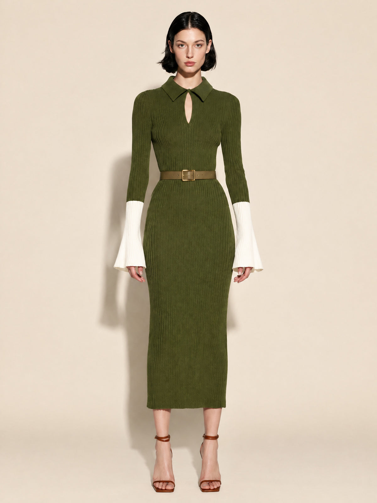 Olive Ribbed Knit Polo Midi Dress With Contrast Ivory Flared Cuffs