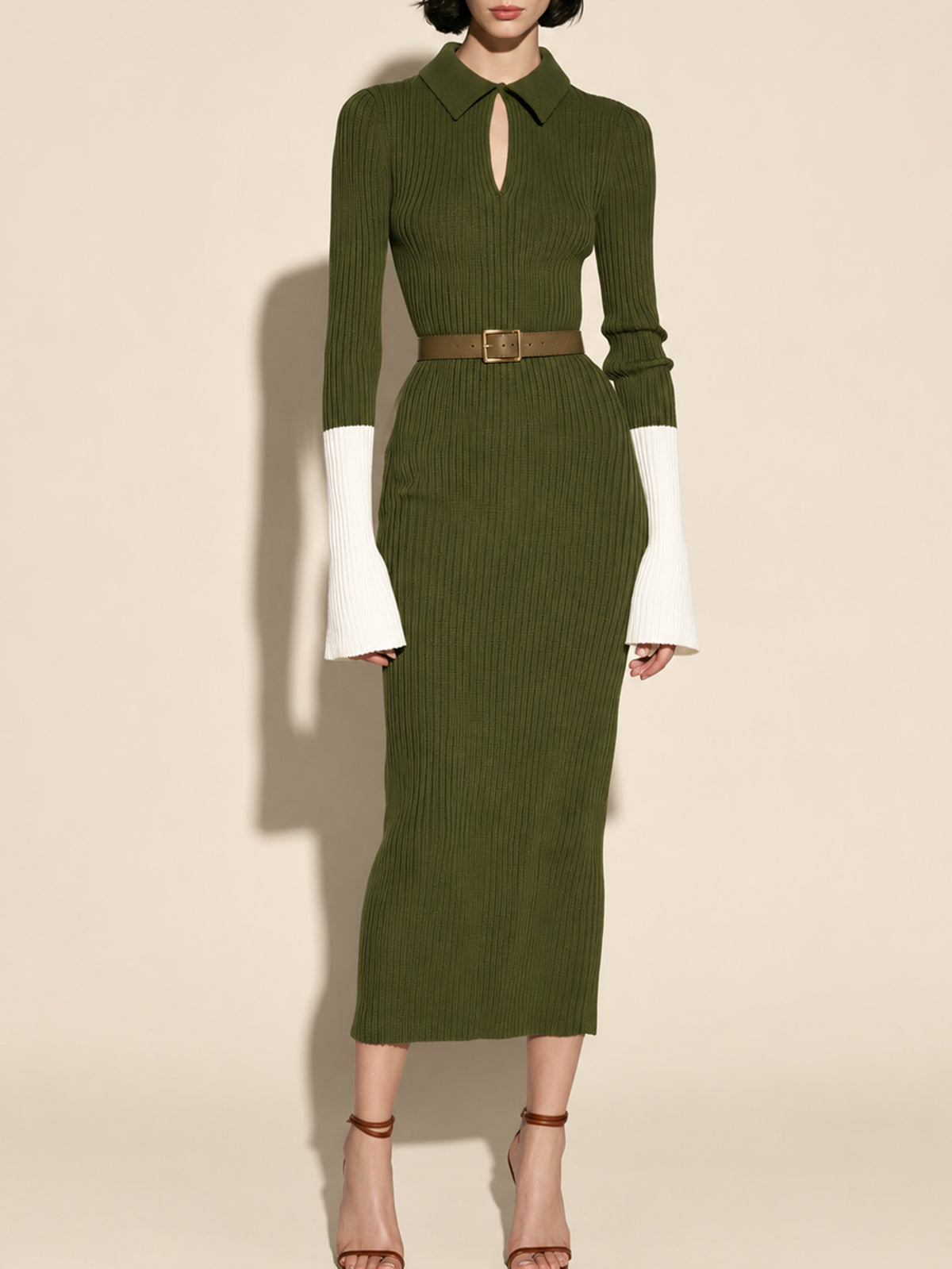 Olive Ribbed Knit Polo Midi Dress With Contrast Ivory Flared Cuffs