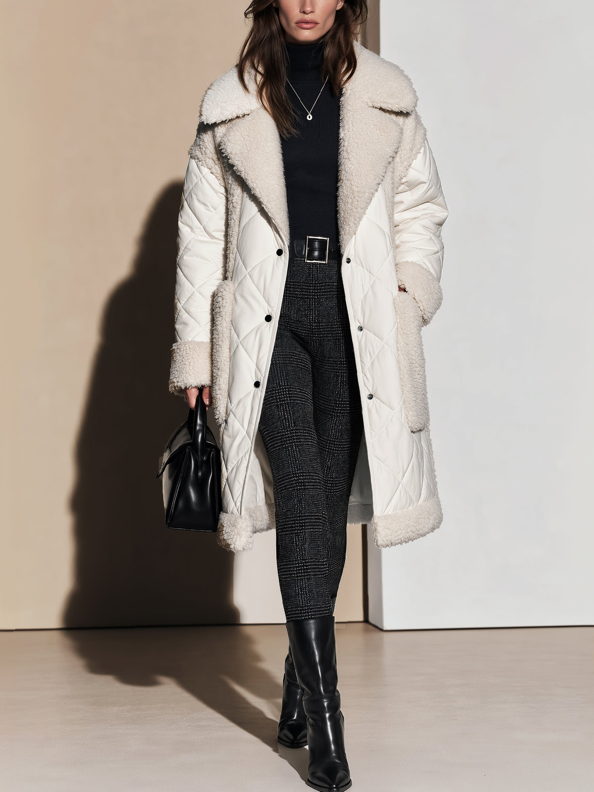 Cream Sherpa Fleece Trim & Snap Buttons Long Coat Outerwear