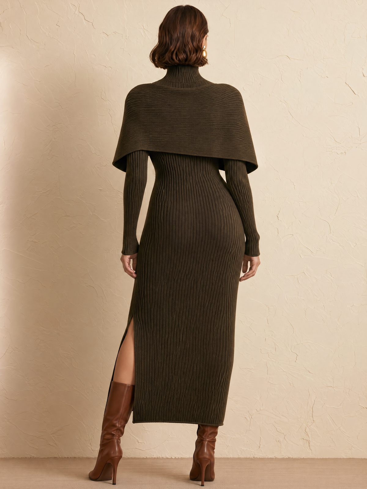 Olive Green Cape-Collar Wool Knit Midi Dress