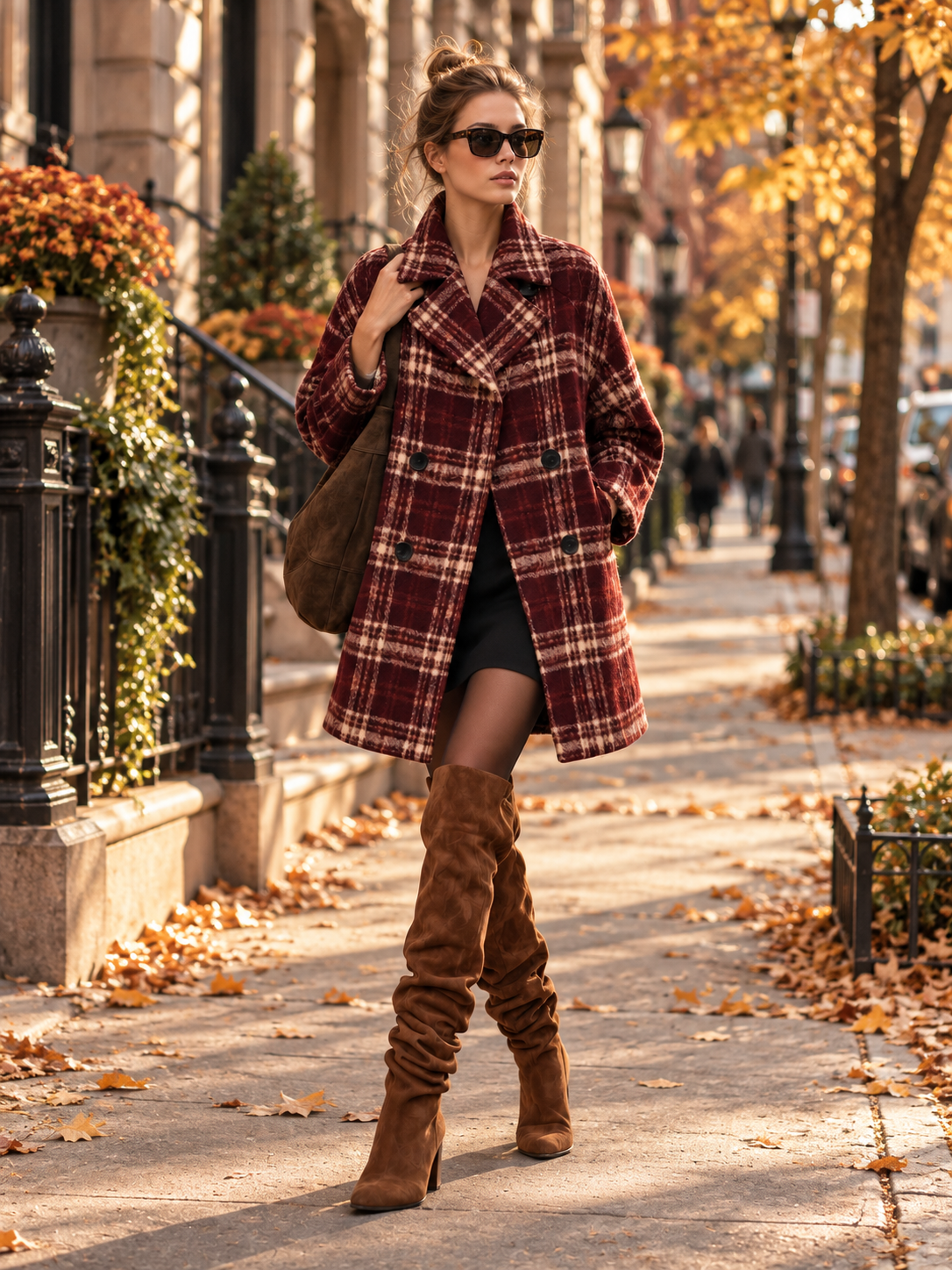 Burgundy Plaid Oversized Double-Breasted Wool-Blend Coat