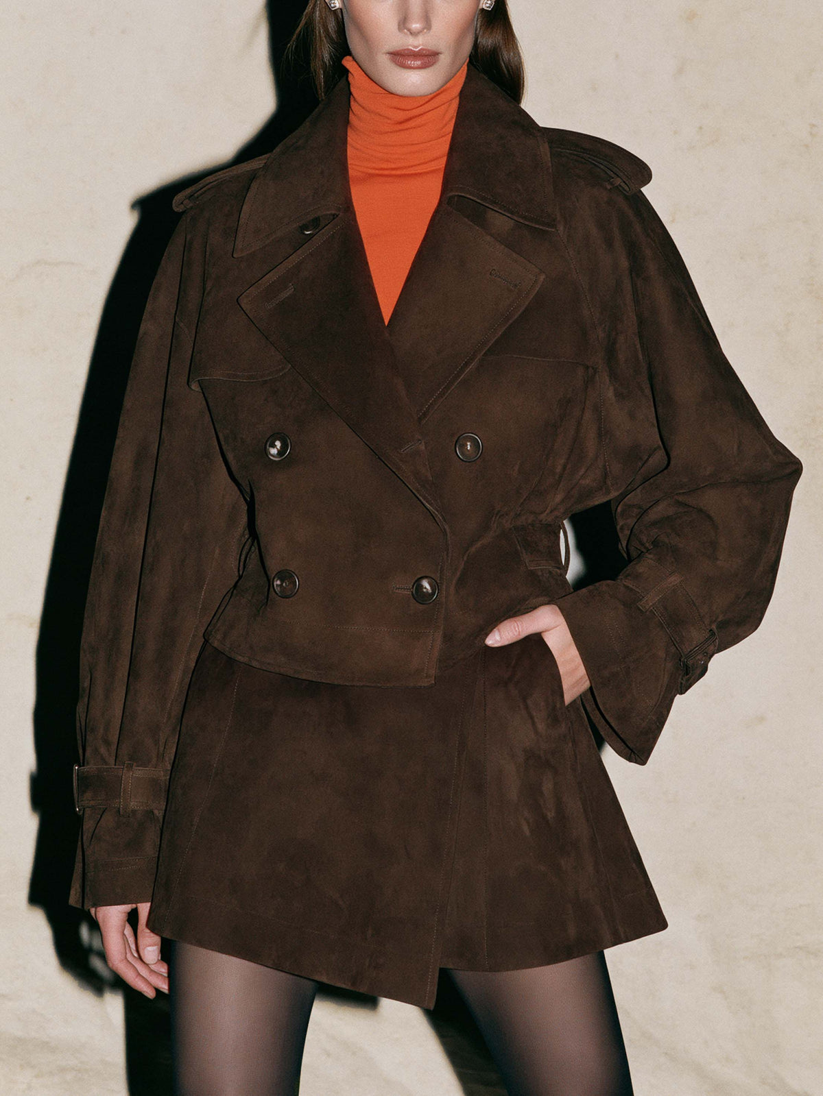 Dark Brown Suede Cropped Double Breasted Jacket