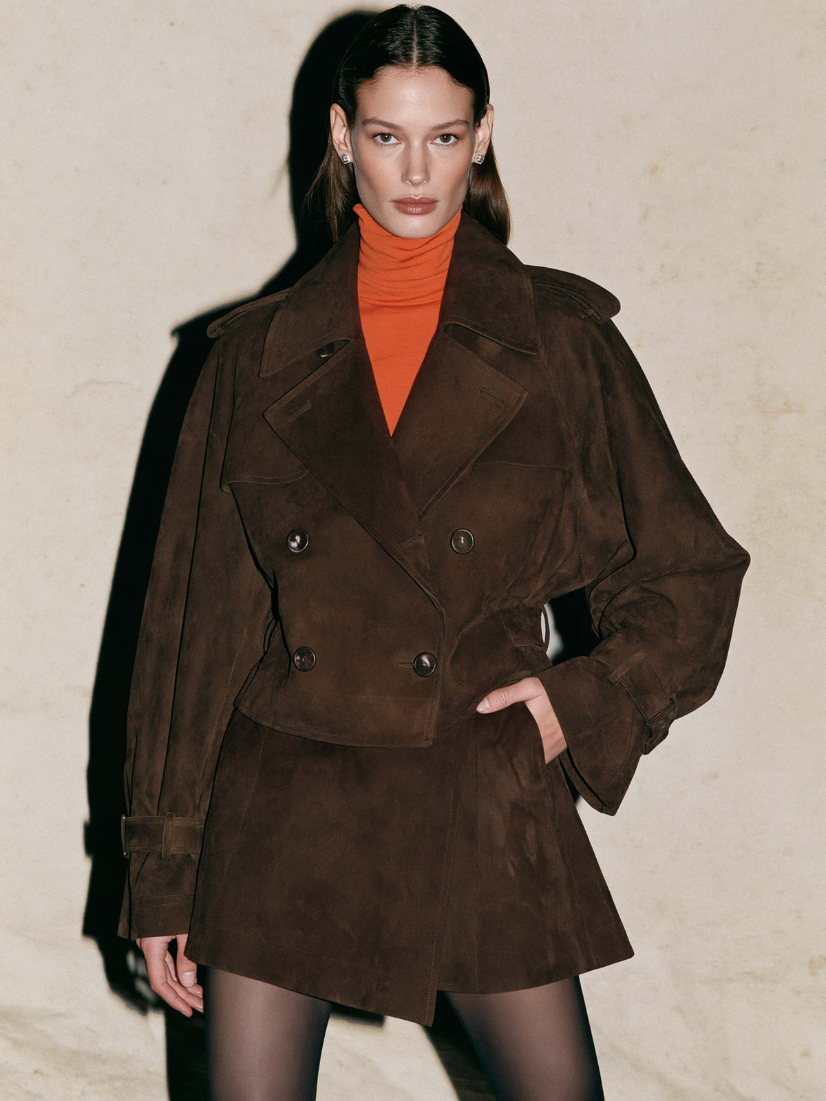 Dark Brown Suede Cropped Double Breasted Jacket