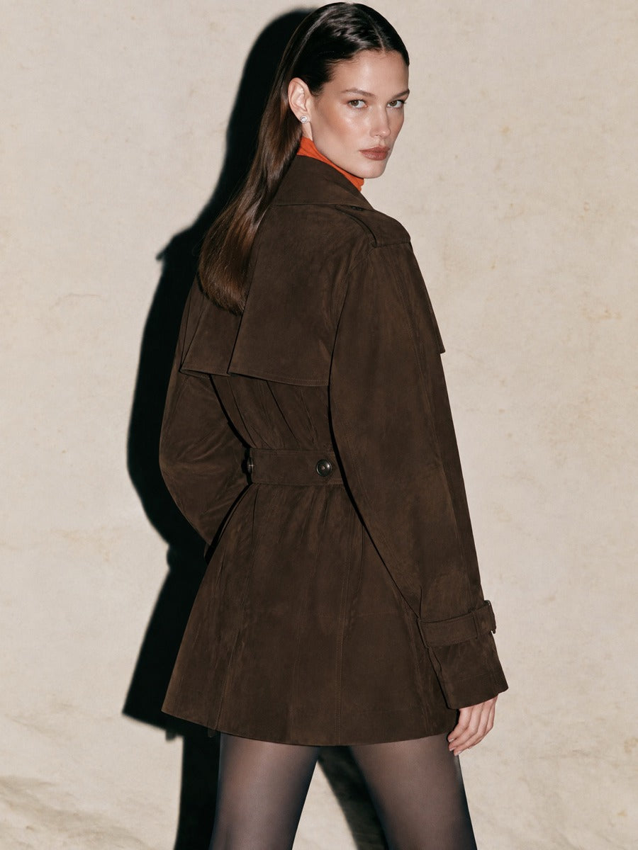 Dark Brown Suede Cropped Double Breasted Jacket