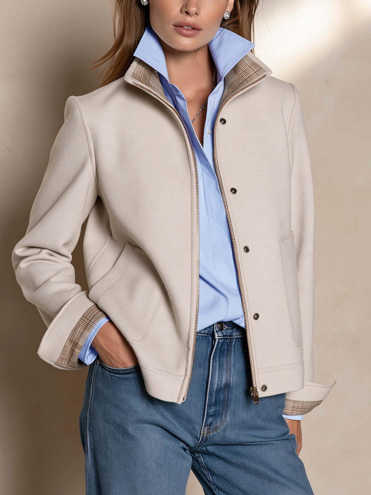 Oat Stand Collar Zip-Up Cropped Jacket