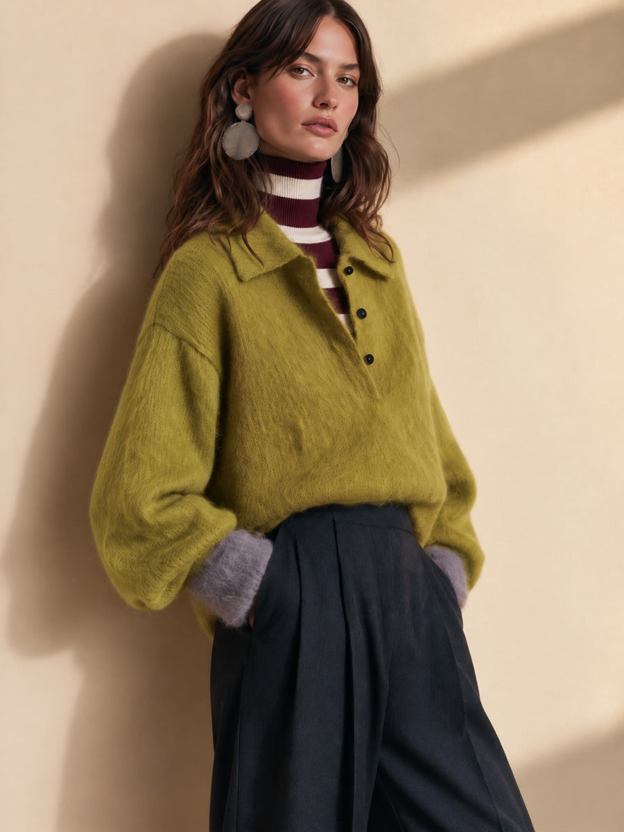 Cress Green Fuzzy Knit Polo Collar Half-Button Placket Sweater