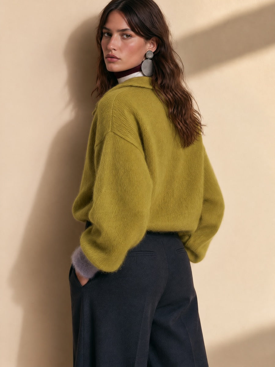 Cress Green Fuzzy Knit Polo Collar Half-Button Placket Sweater