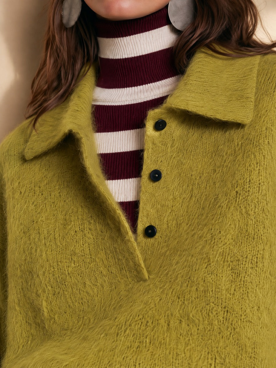 Cress Green Fuzzy Knit Polo Collar Half-Button Placket Sweater
