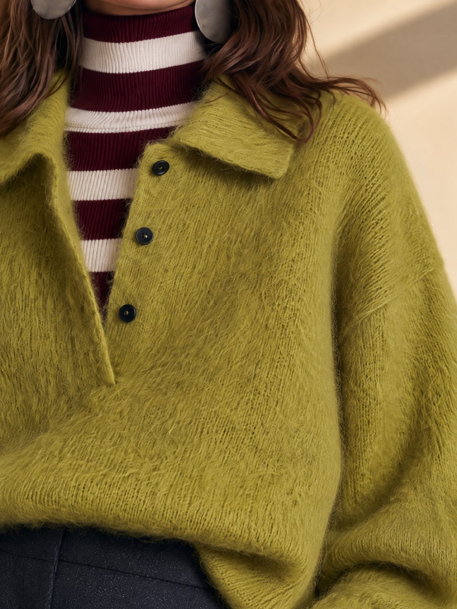 Cress Green Fuzzy Knit Polo Collar Half-Button Placket Sweater