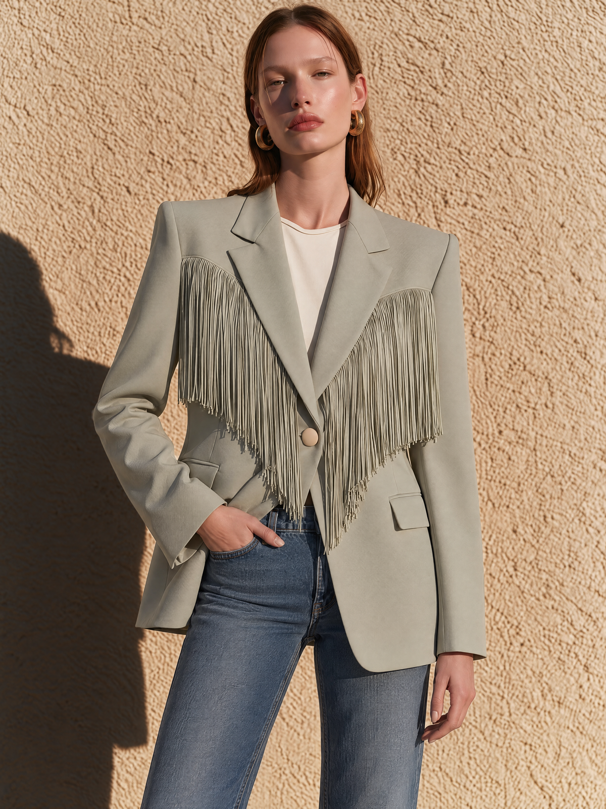 Sage Gray Green Fringe-Trim Blazer