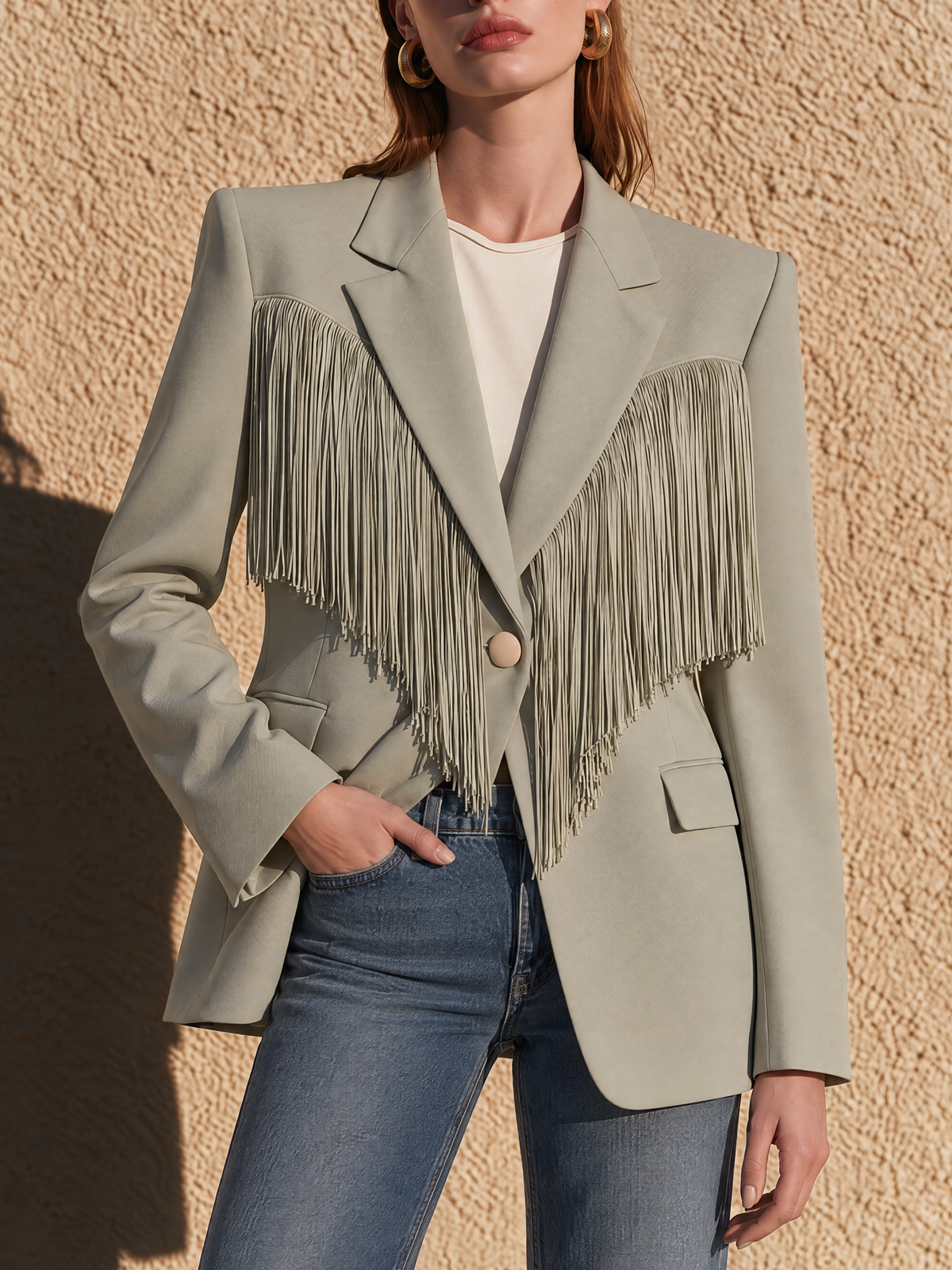 Sage Gray Green Fringe-Trim Blazer