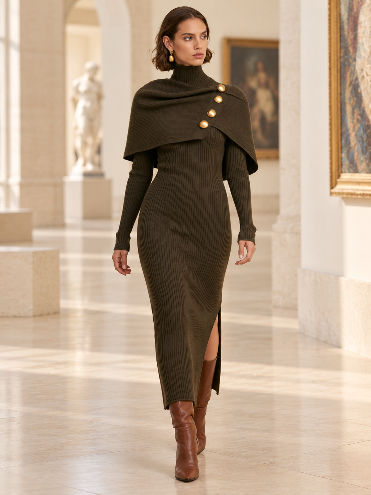 Olive Green Cape-Collar Wool Knit Midi Dress