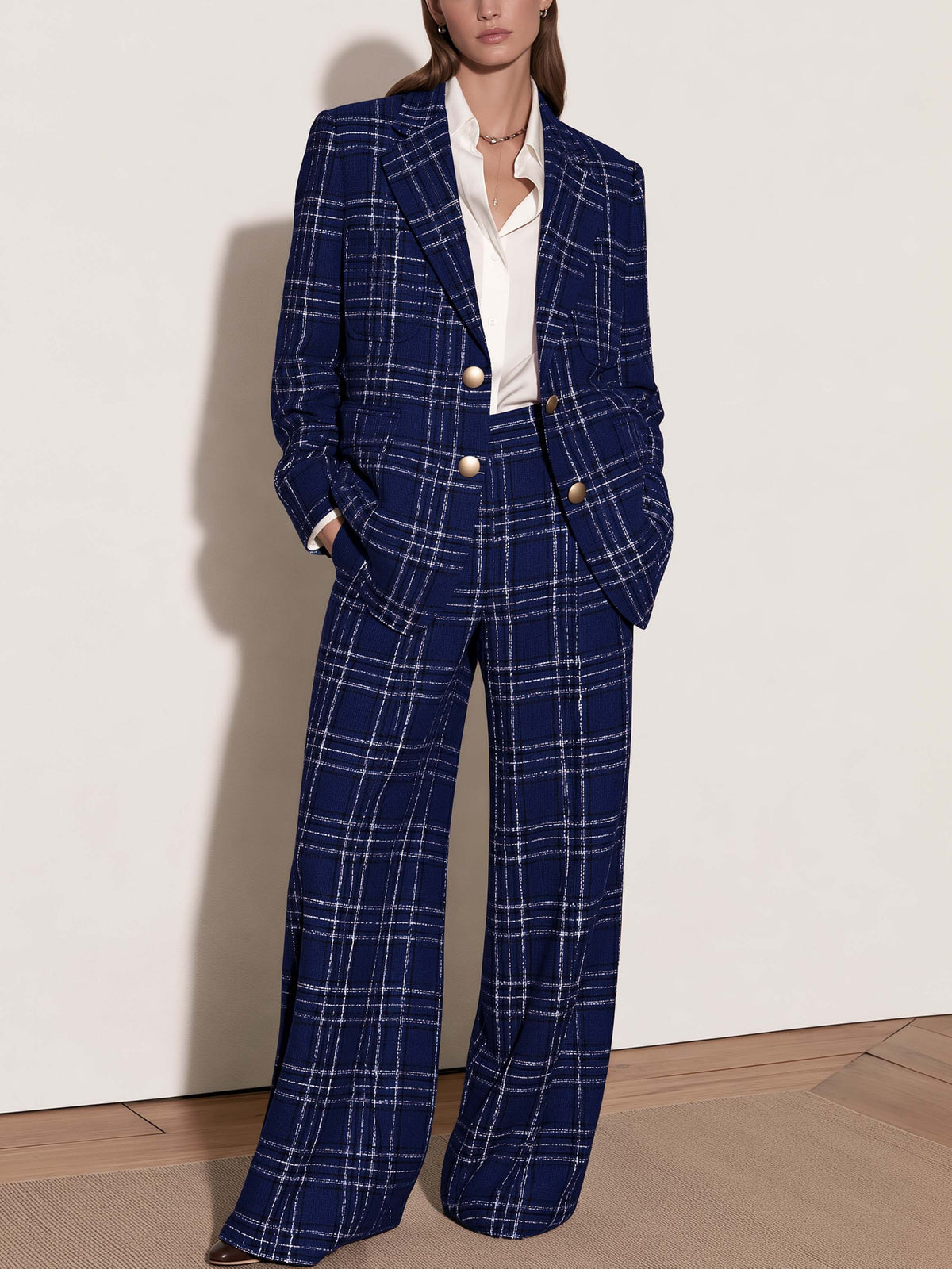 Navy Plaid Tweed Double Breasted Suit Set
