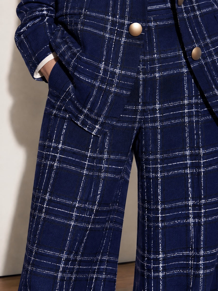 Navy Plaid Tweed Wide Leg Suit Pants
