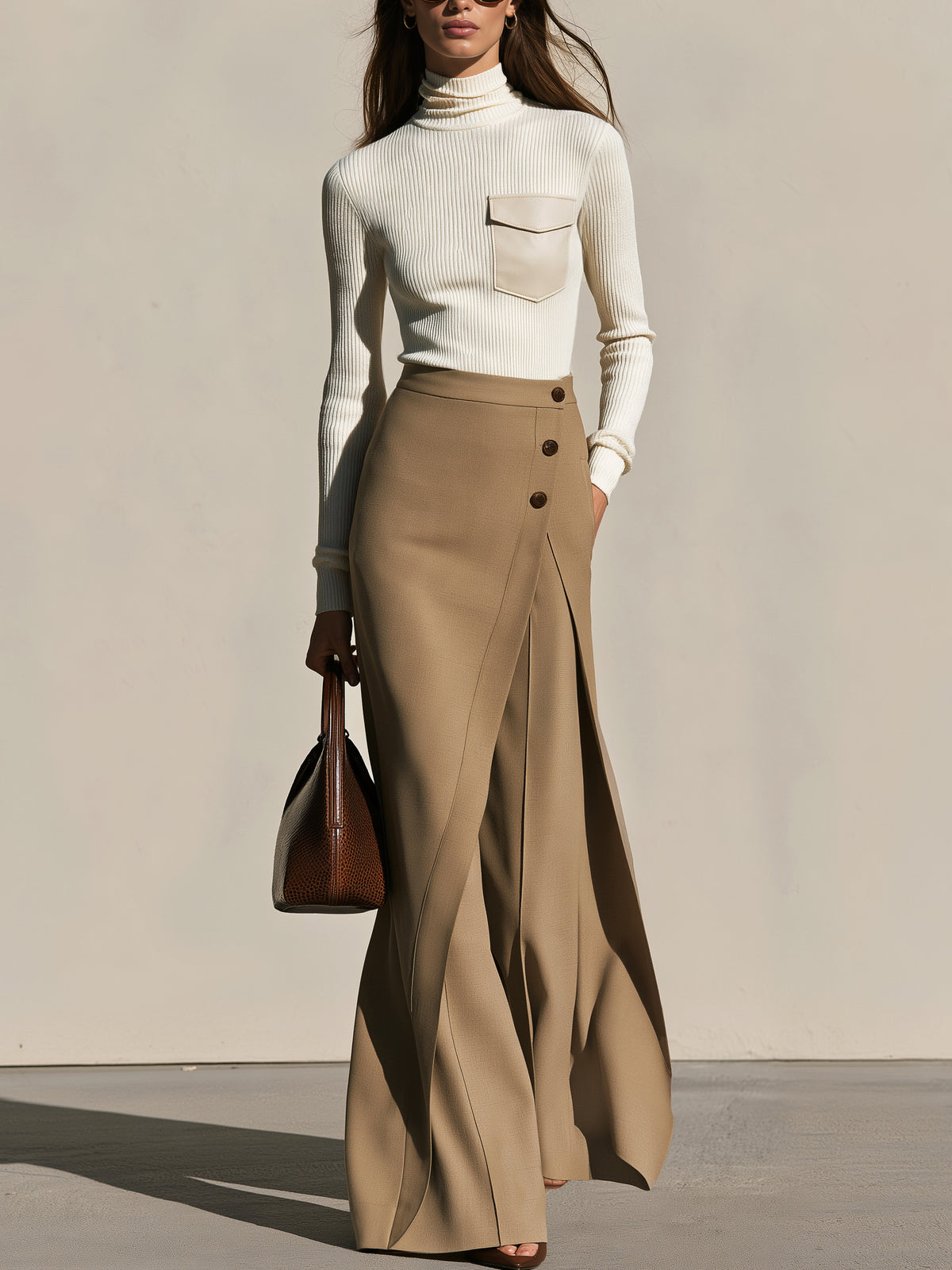 White High Neck Knitwear & Camel Wrap-Front Wide-Leg Pants Set