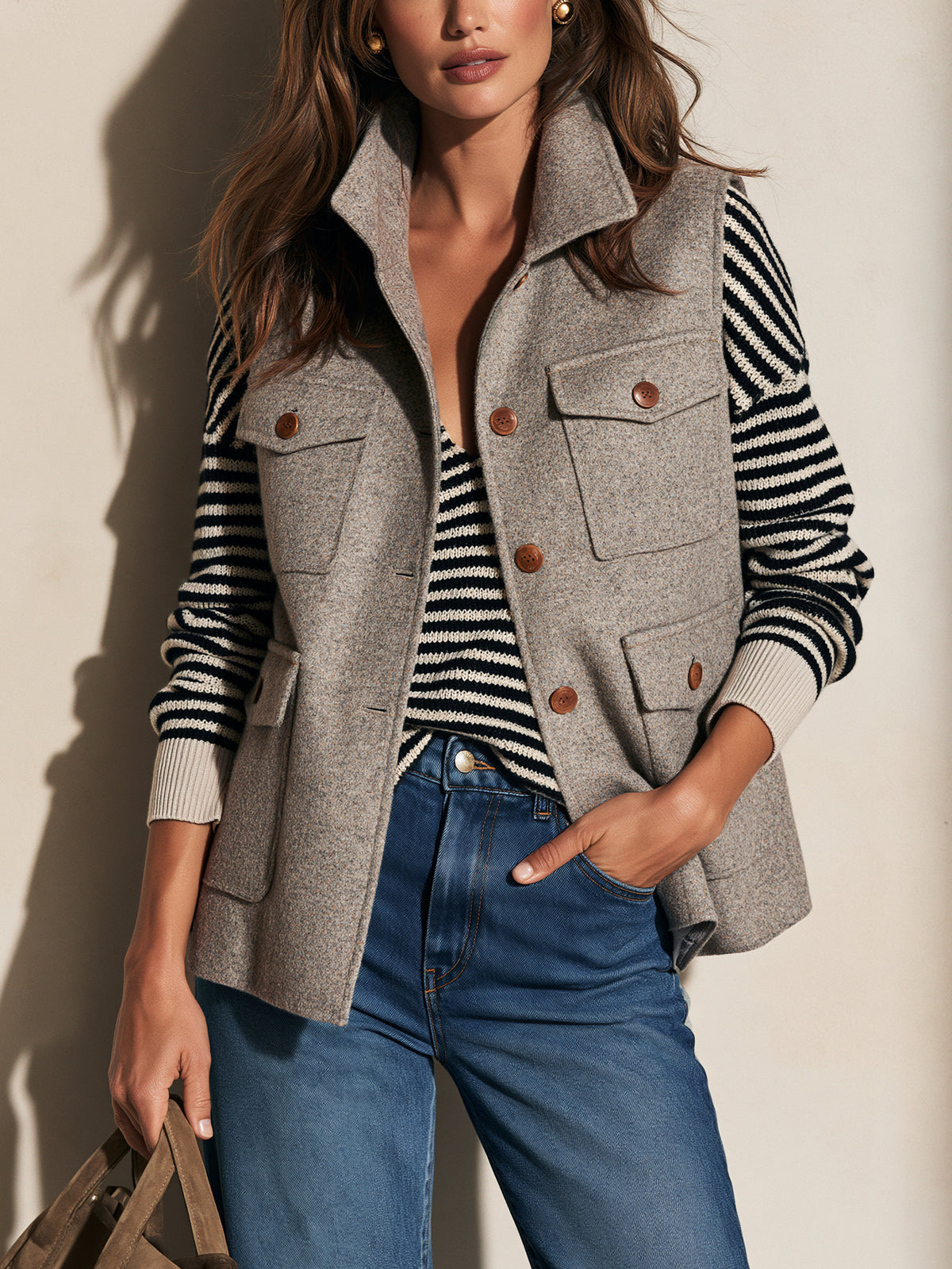 Taupe Grey Sleeveless Stand Collar Vest