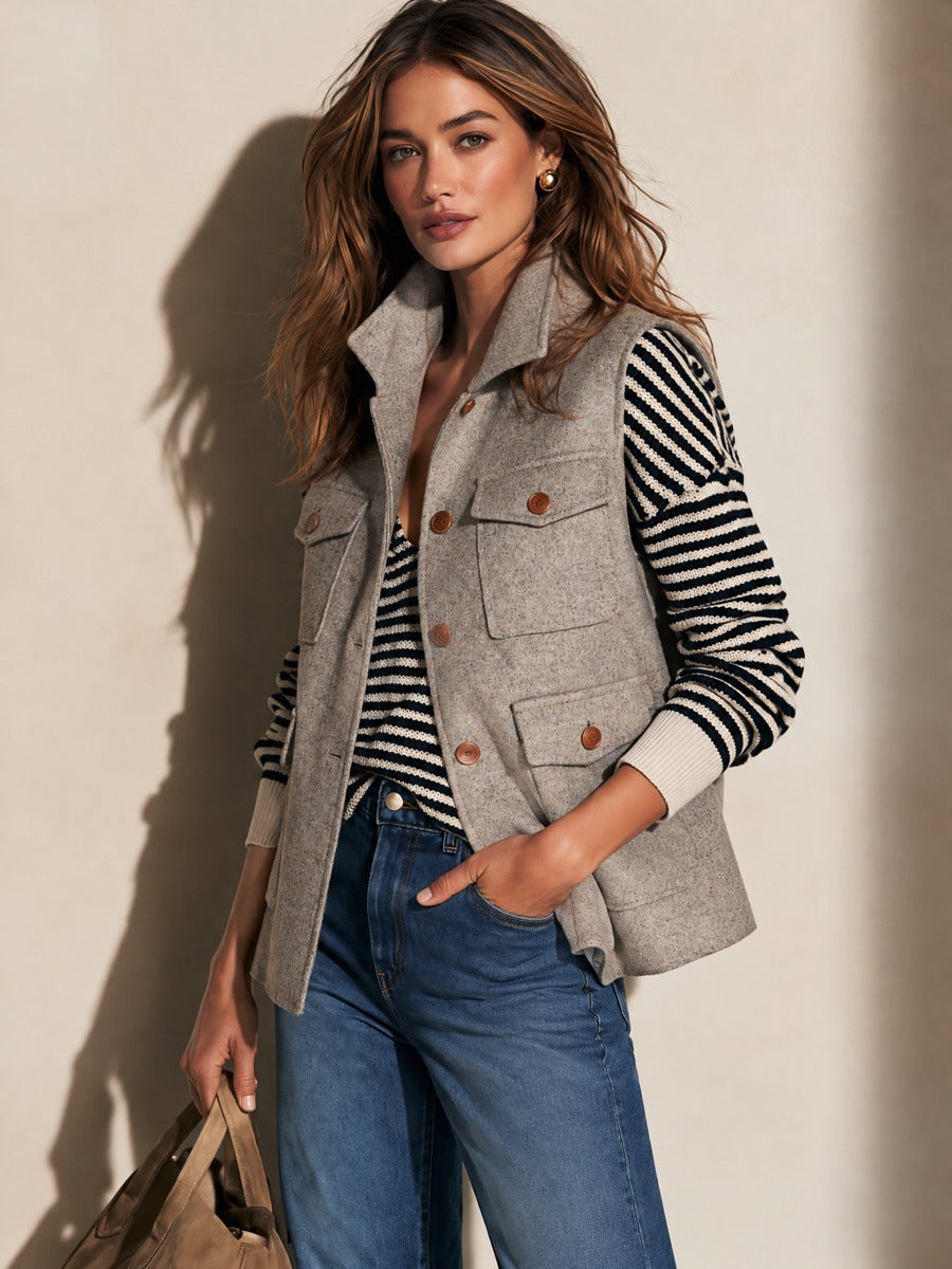 Taupe Grey Sleeveless Stand Collar Vest