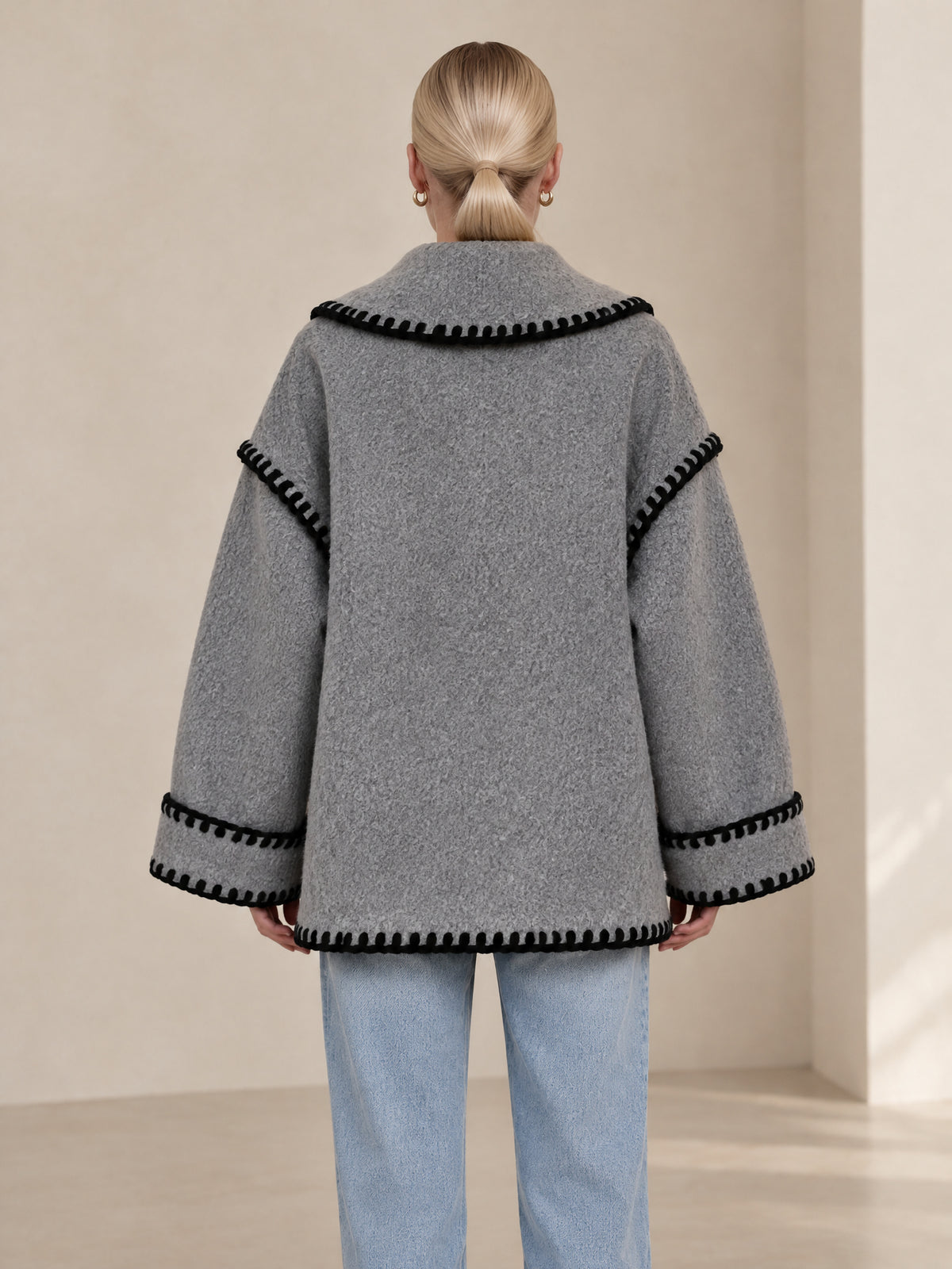 Grey Bouclé Wool-Blend Jacket With Contrast Black Blanket Stitch Trim