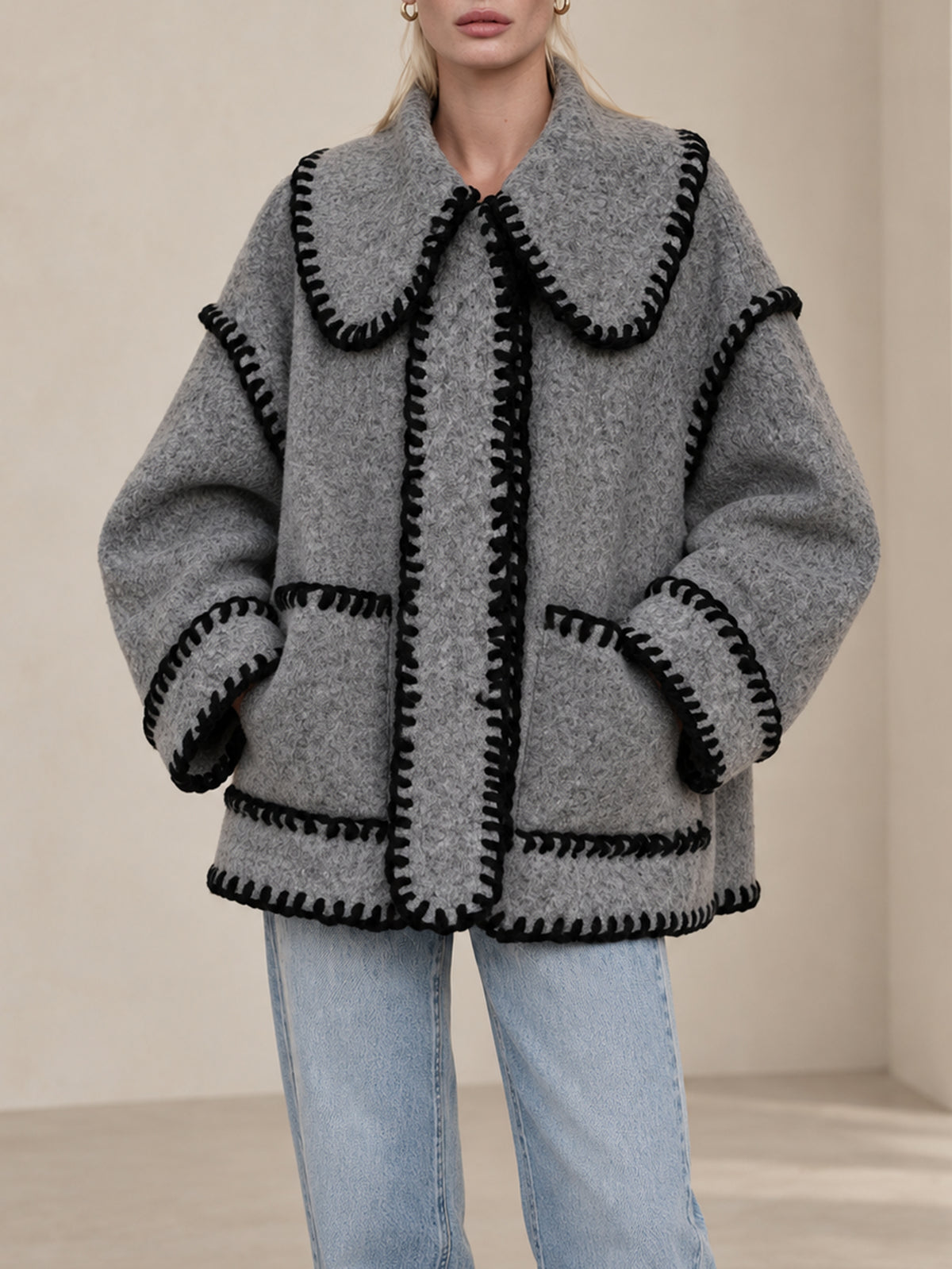 Grey Bouclé Wool-Blend Jacket With Contrast Black Blanket Stitch Trim