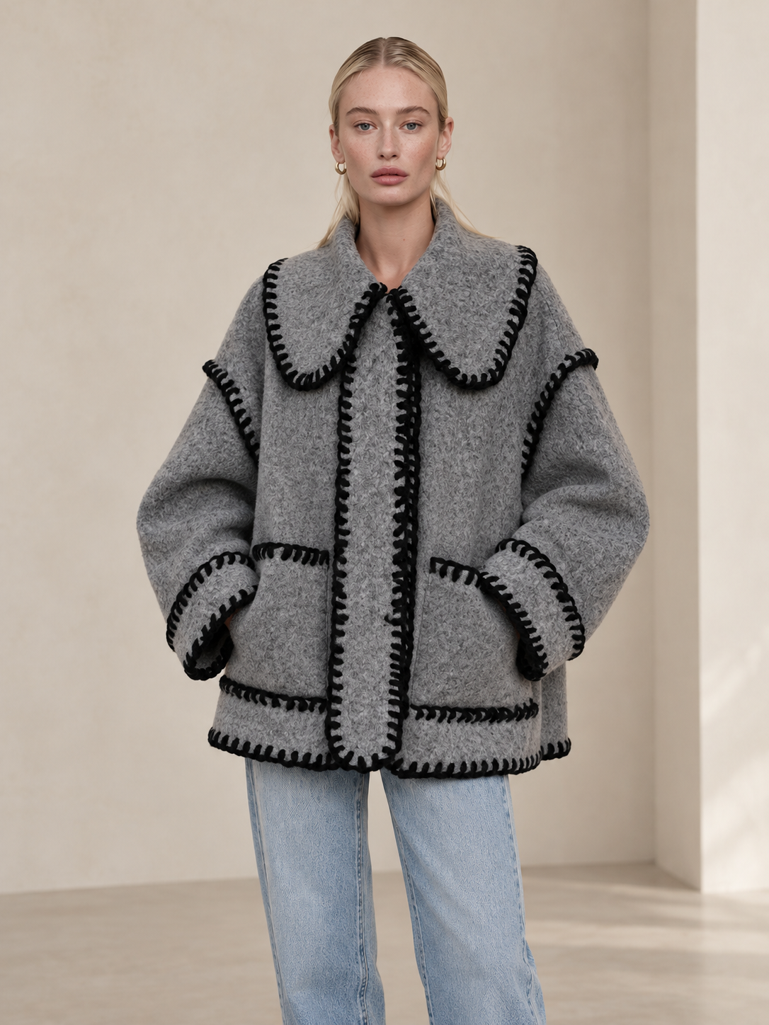 Grey Bouclé Wool-Blend Jacket With Contrast Black Blanket Stitch Trim