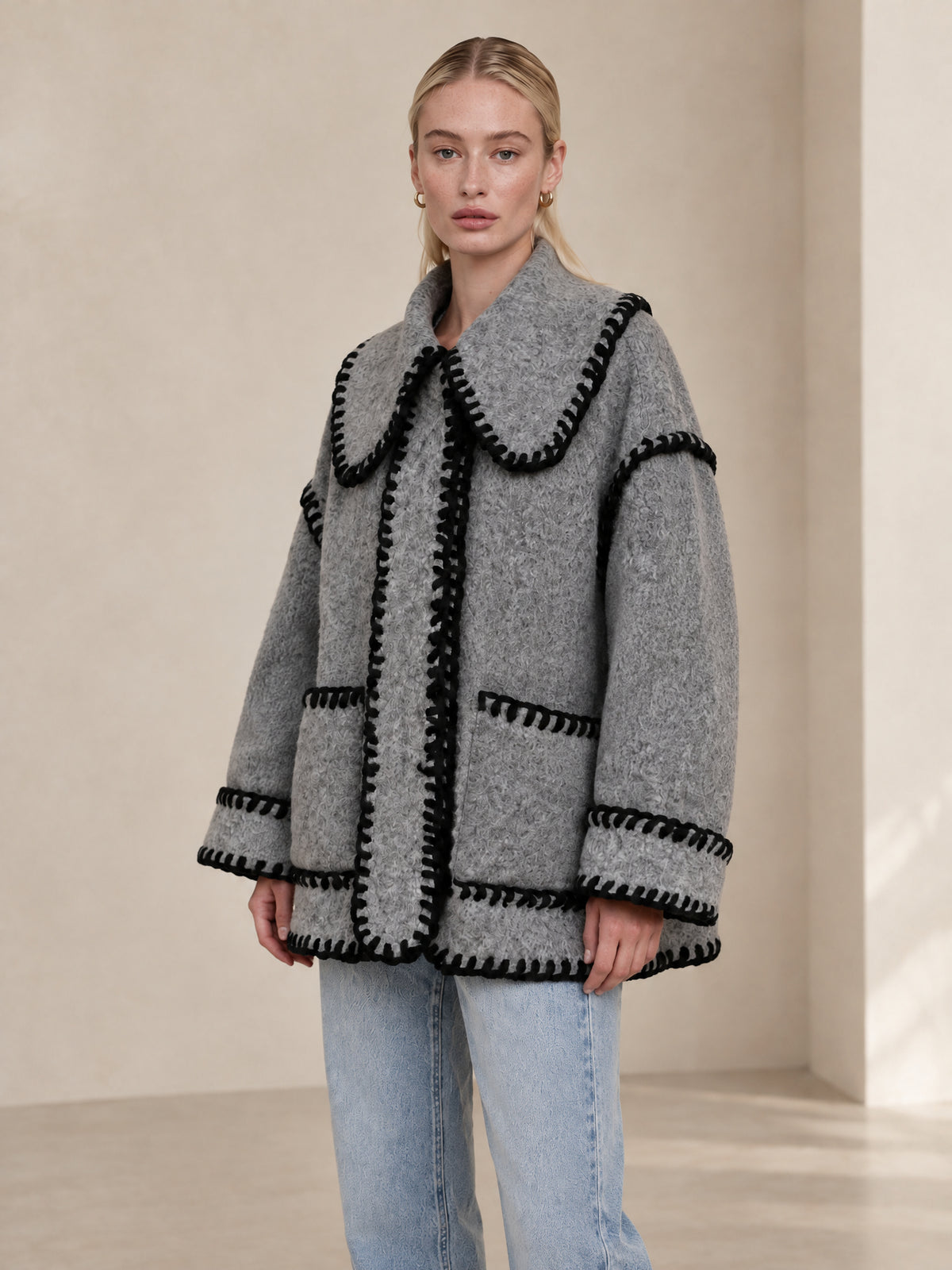 Grey Bouclé Wool-Blend Jacket With Contrast Black Blanket Stitch Trim