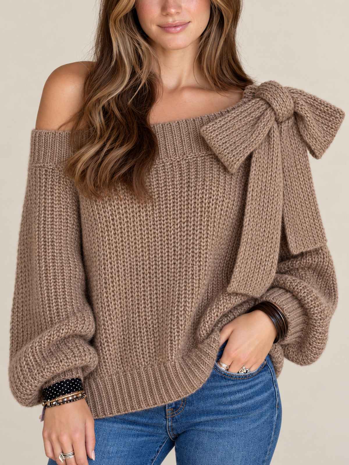 Taupe Chunky Knit Off-Shoulder Sweater With Oversized Bow Shoulder Detail