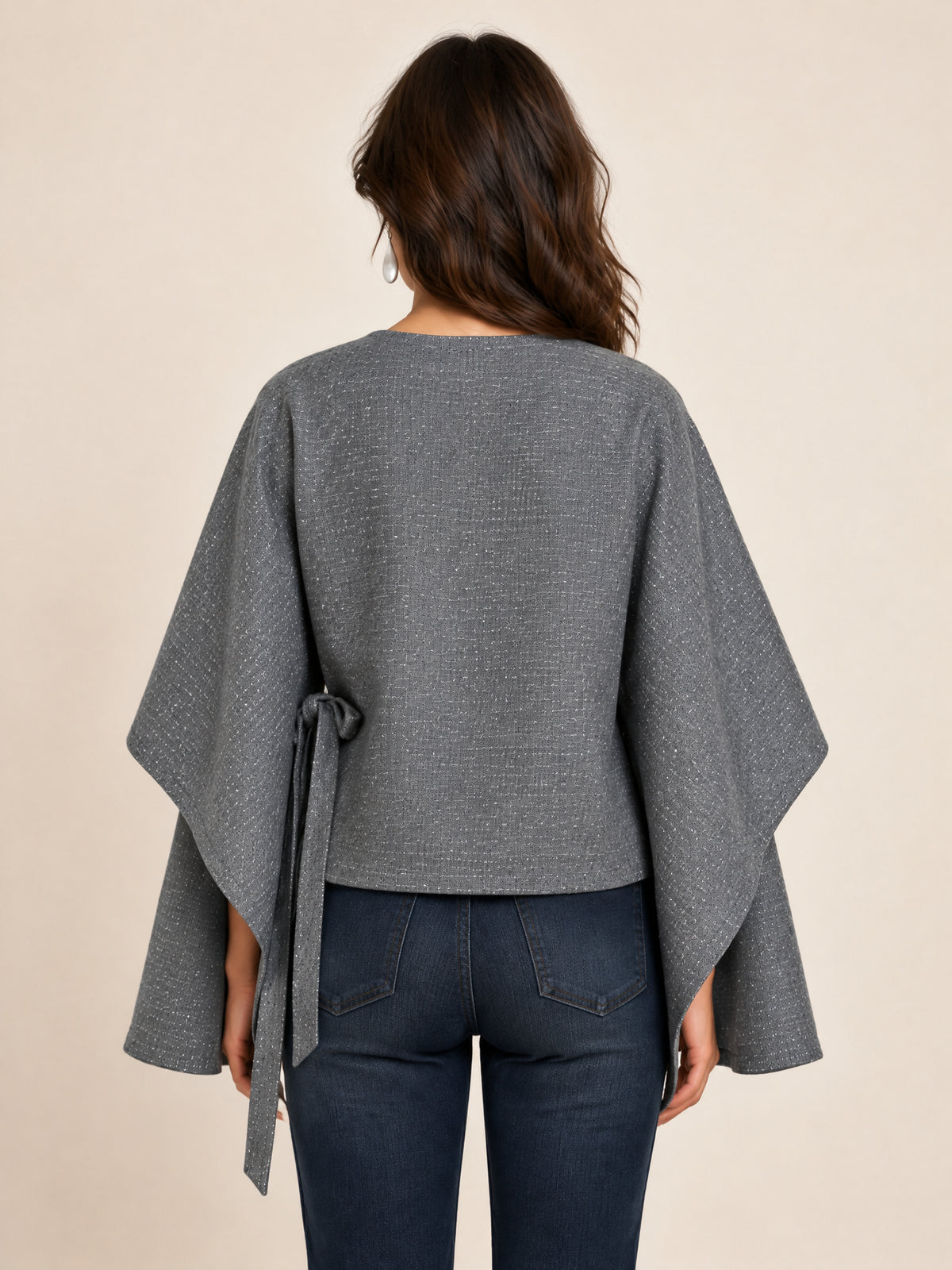 Grey Textured Cape Sleeve Top With Side Tie Waist