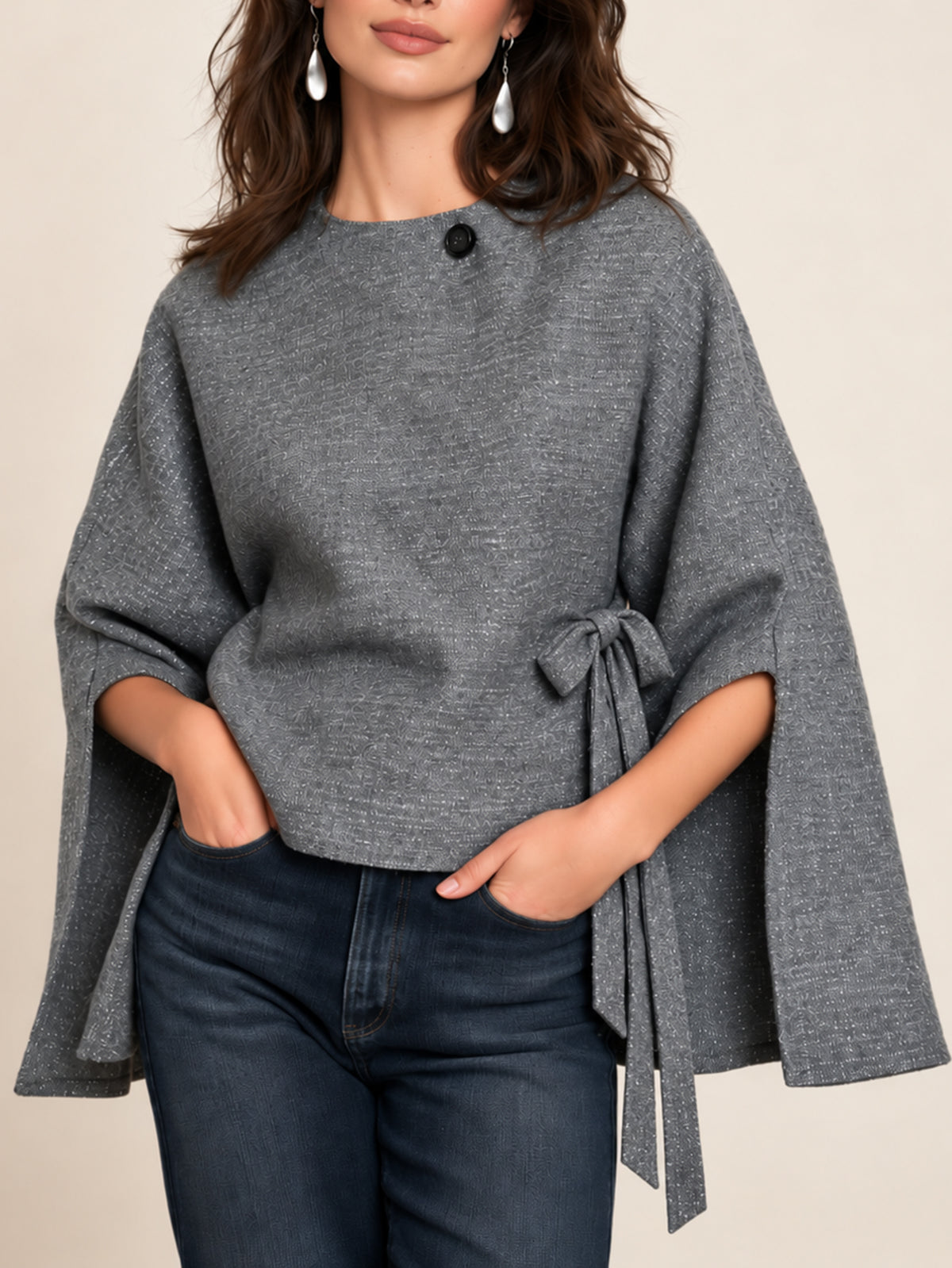 Grey Textured Cape Sleeve Top With Side Tie Waist