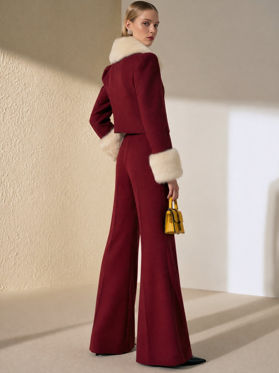 Burgundy Double Breasted Cropped Jacket High Waist Pleated Flare Pant Two-Piece Set