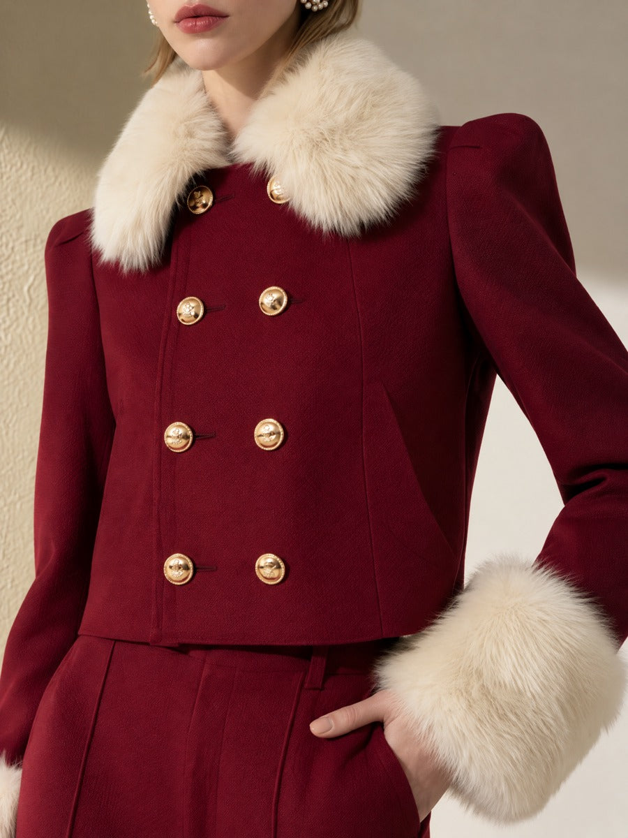 Burgundy Double Breasted Cropped Jacket High Waist Pleated Flare Pant Two-Piece Set