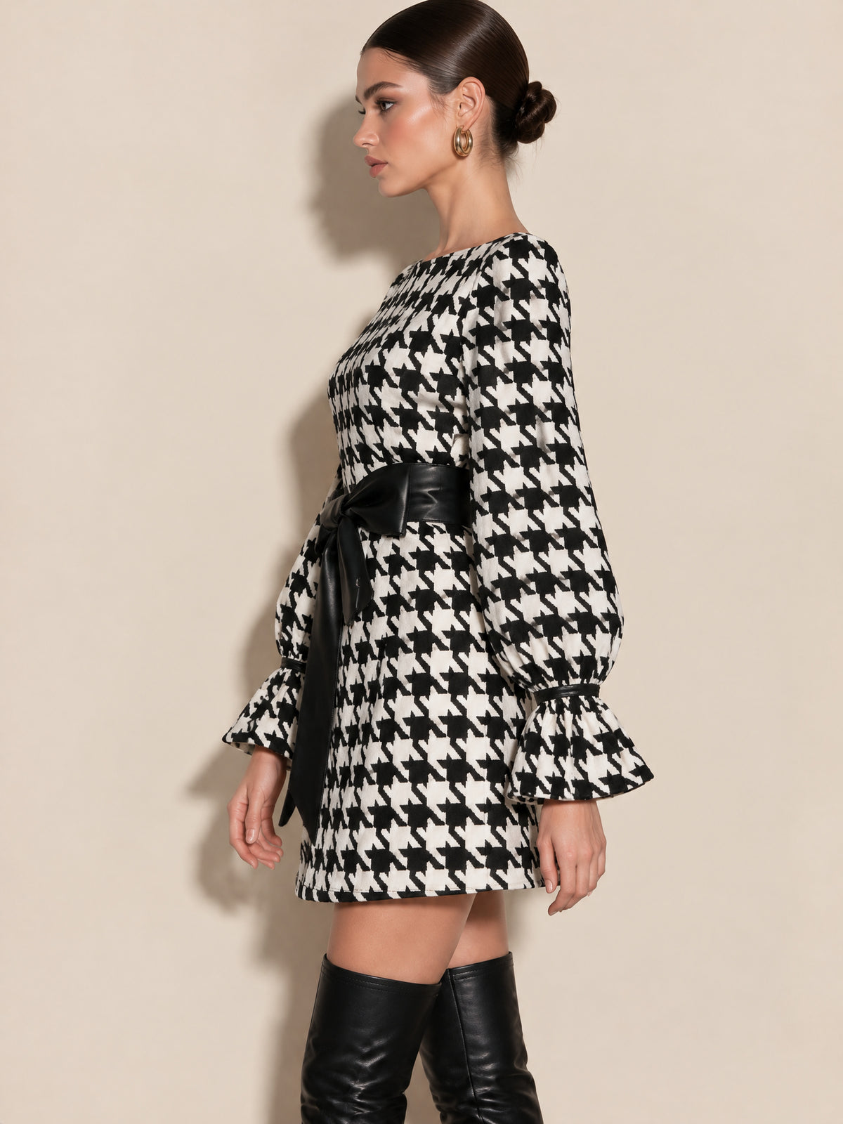 Houndstooth A-Line Mini Dress With Bell Cuffs And Leather Bow Belt