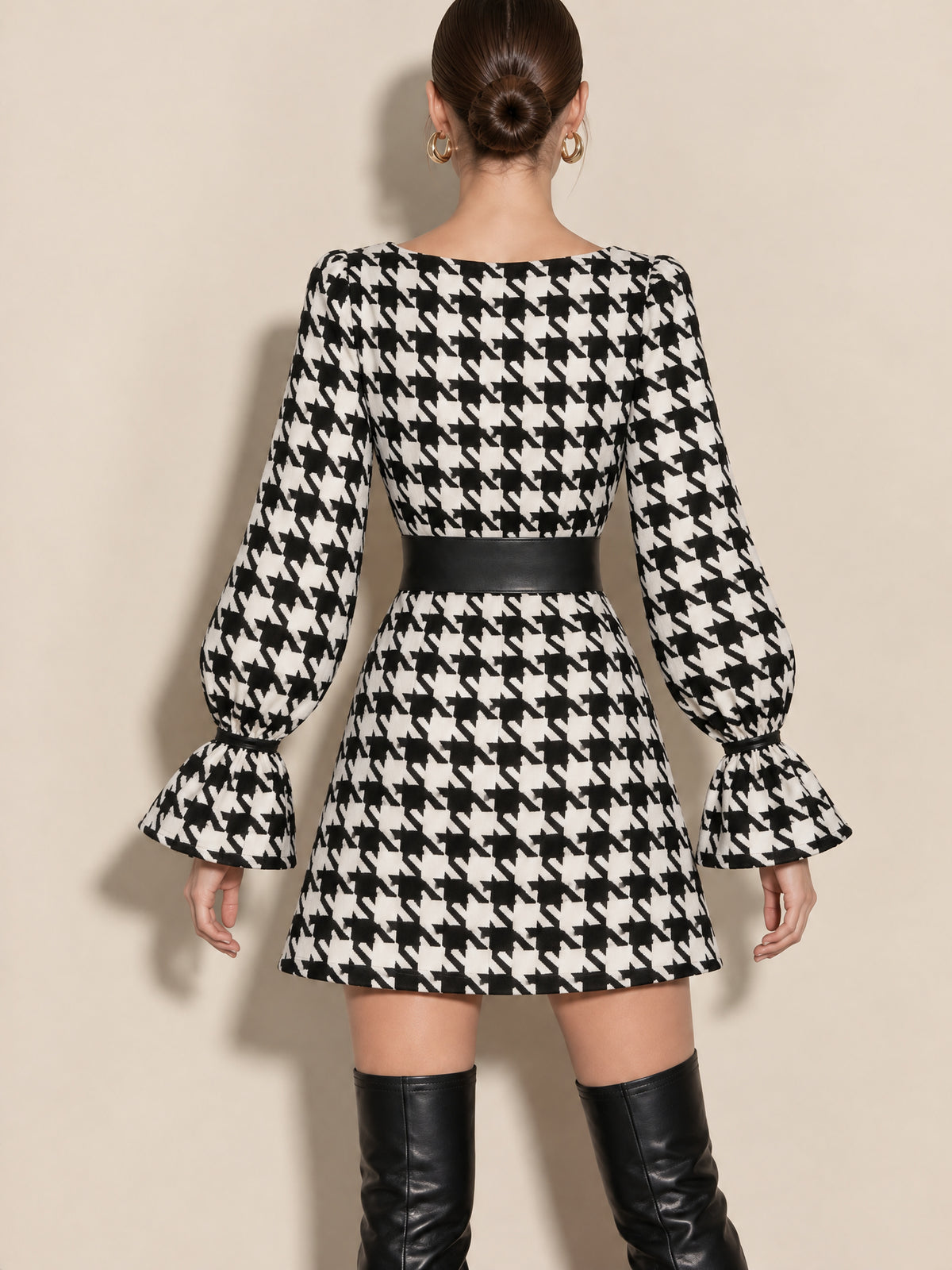 Houndstooth A-Line Mini Dress With Bell Cuffs And Leather Bow Belt