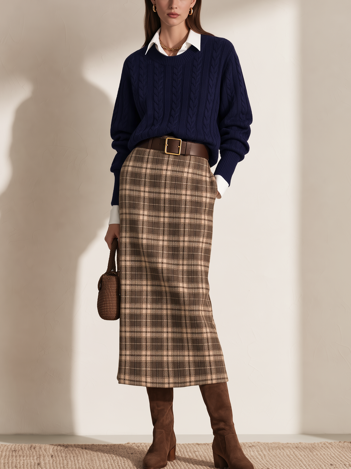Navy Cable Knit Top Brown Plaid Straight Midi Skirt Set