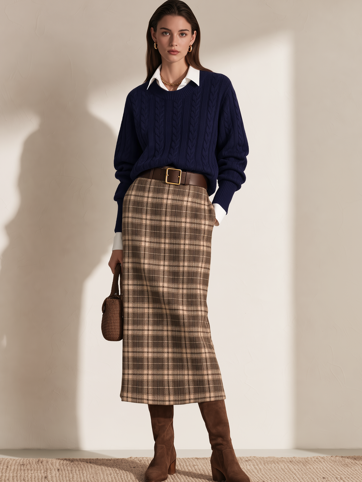 Navy Cable Knit Top Brown Plaid Straight Midi Skirt Set