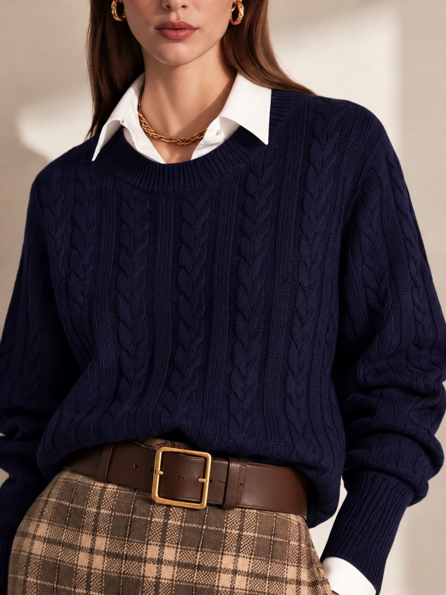 Navy Cable Knit Top Brown Plaid Straight Midi Skirt Set